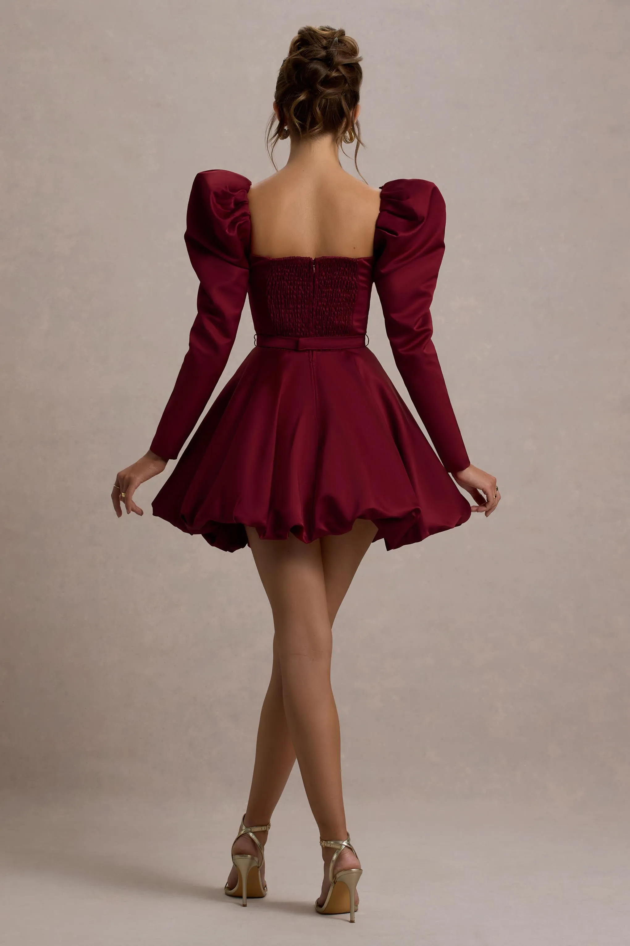 Murphy | Burgundy Satin Belted Mini Dress With Puff Sleeves sold by Club L London product image thumbnail 2