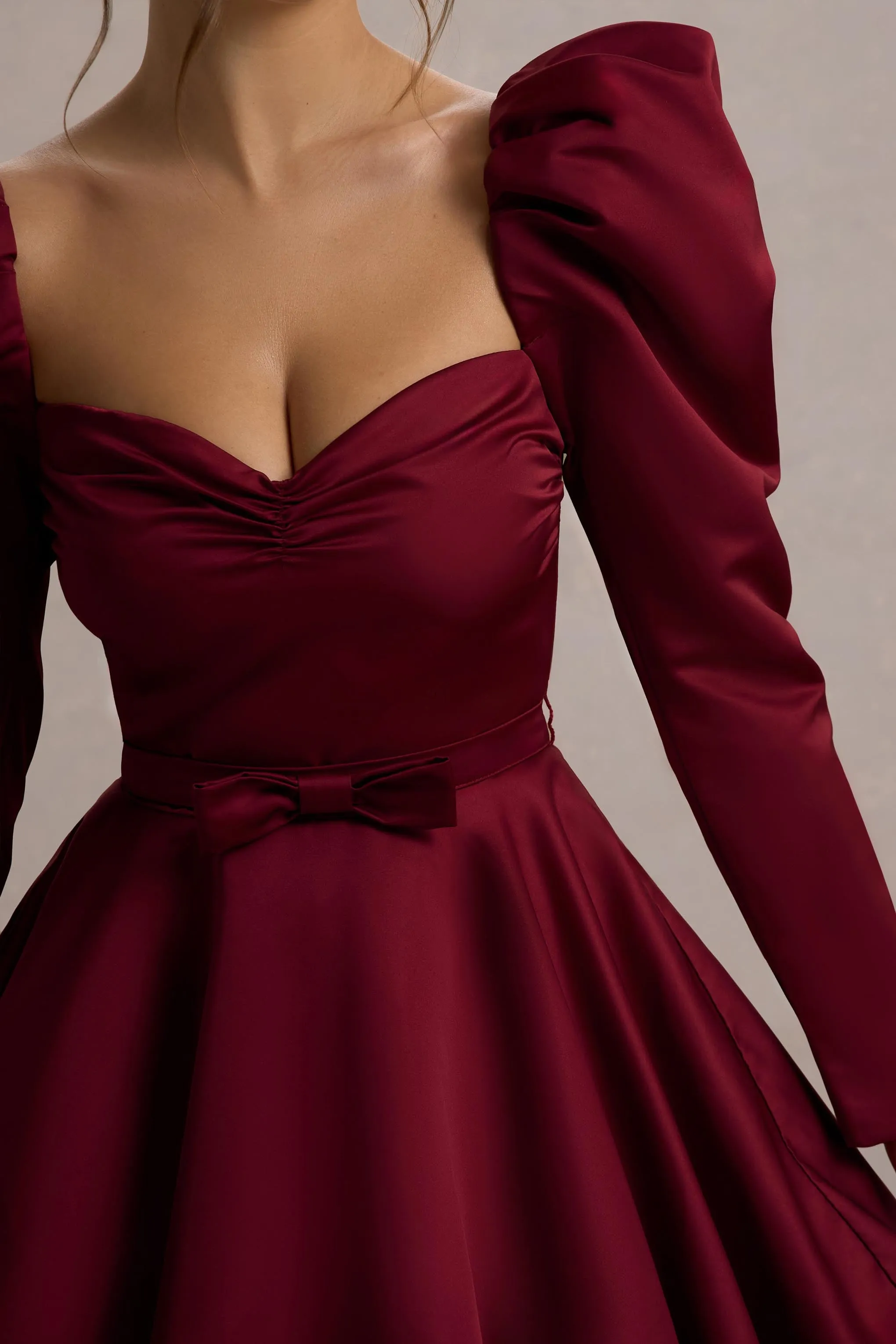 Murphy | Burgundy Satin Belted Mini Dress With Puff Sleeves sold by Club L London product image thumbnail 3