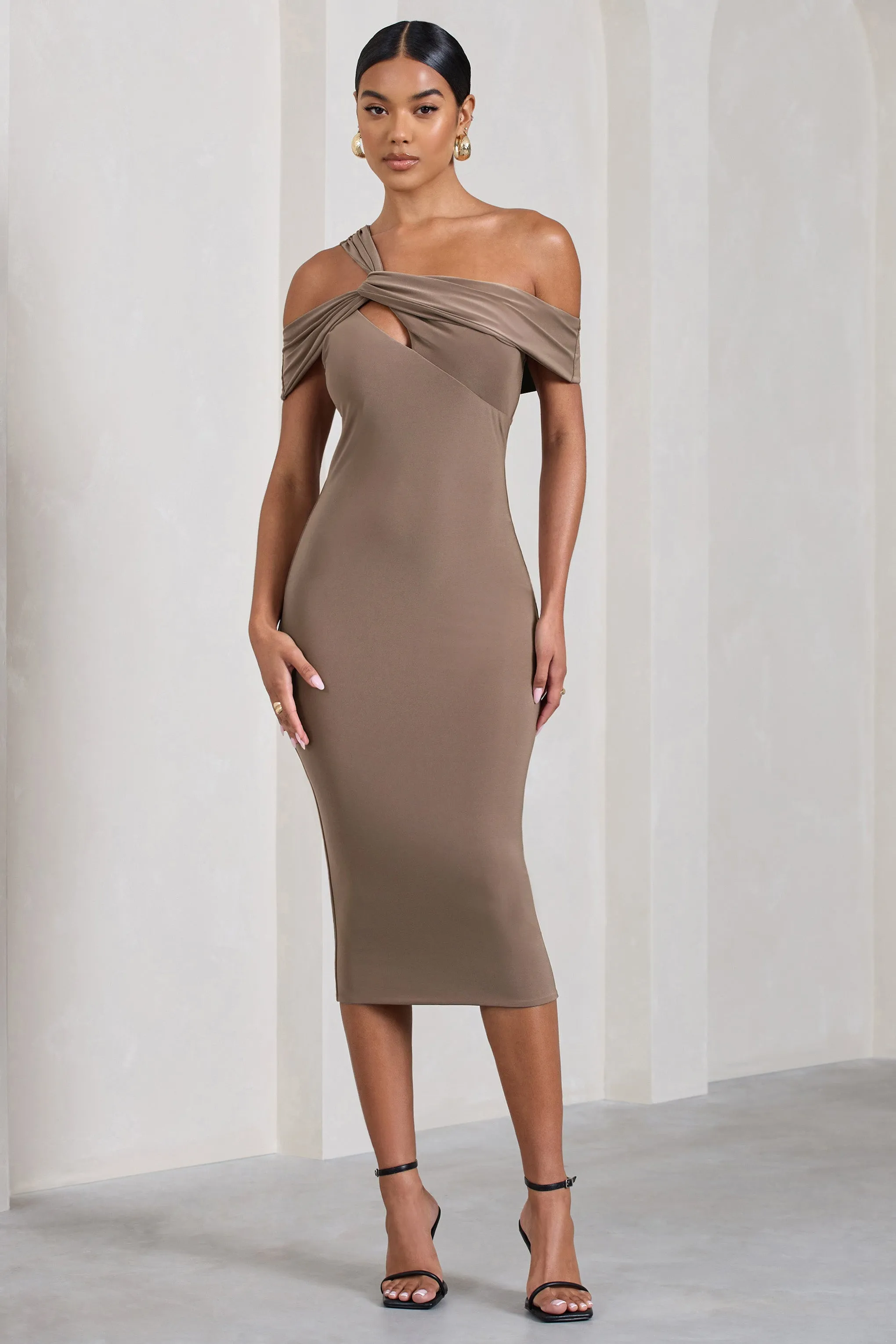 Chain Reaction | Mocha Strappy Asymmetric Bodycon Midi Dress sold by Club L London product image thumbnail 4