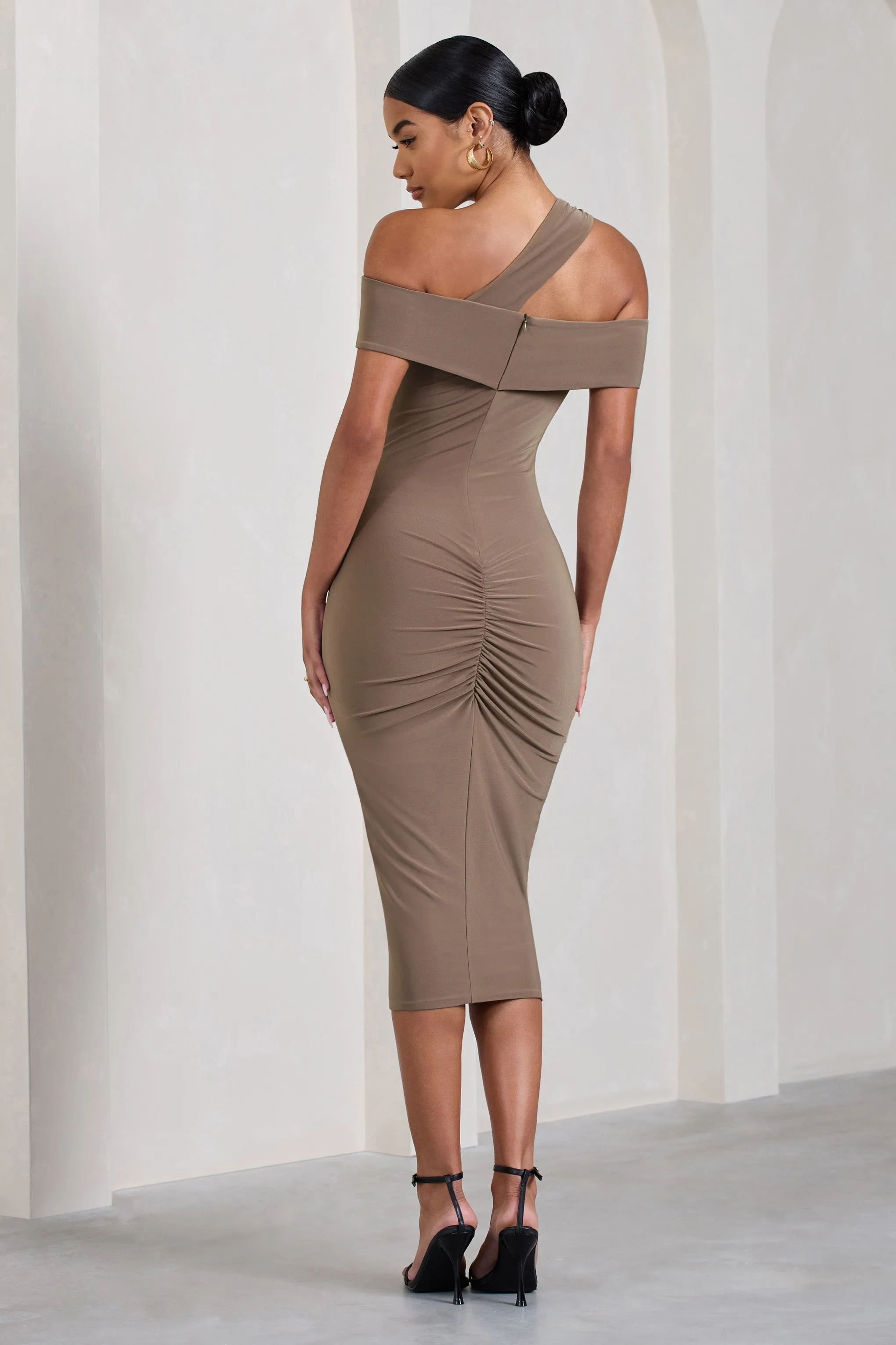 Chain Reaction | Mocha Strappy Asymmetric Bodycon Midi Dress sold by Club L London product image thumbnail 2