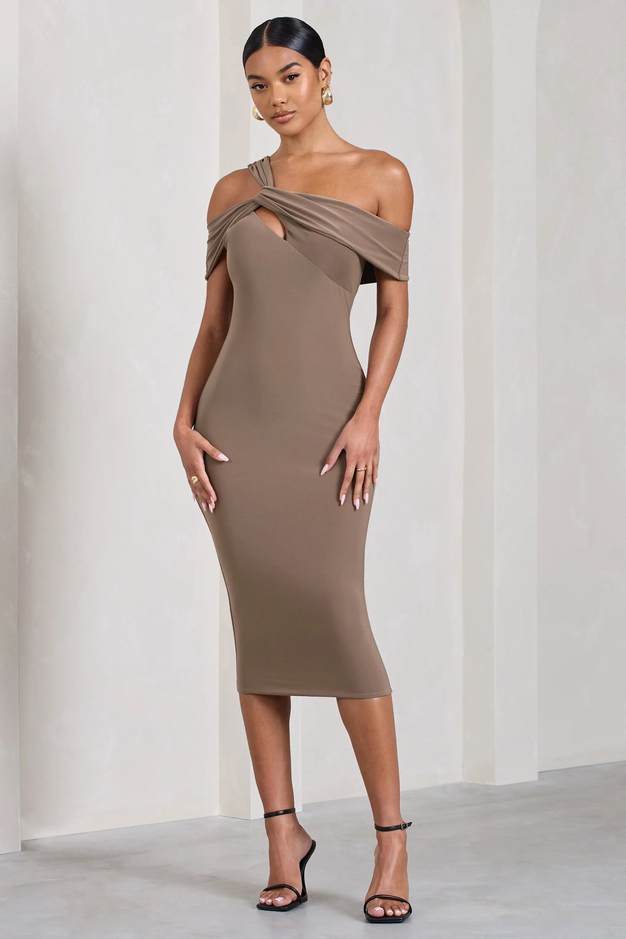 Chain Reaction | Mocha Strappy Asymmetric Bodycon Midi Dress sold by Club L London product image thumbnail 5