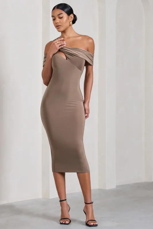 Chain Reaction | Mocha Strappy Asymmetric Bodycon Midi Dress sold by Club L London