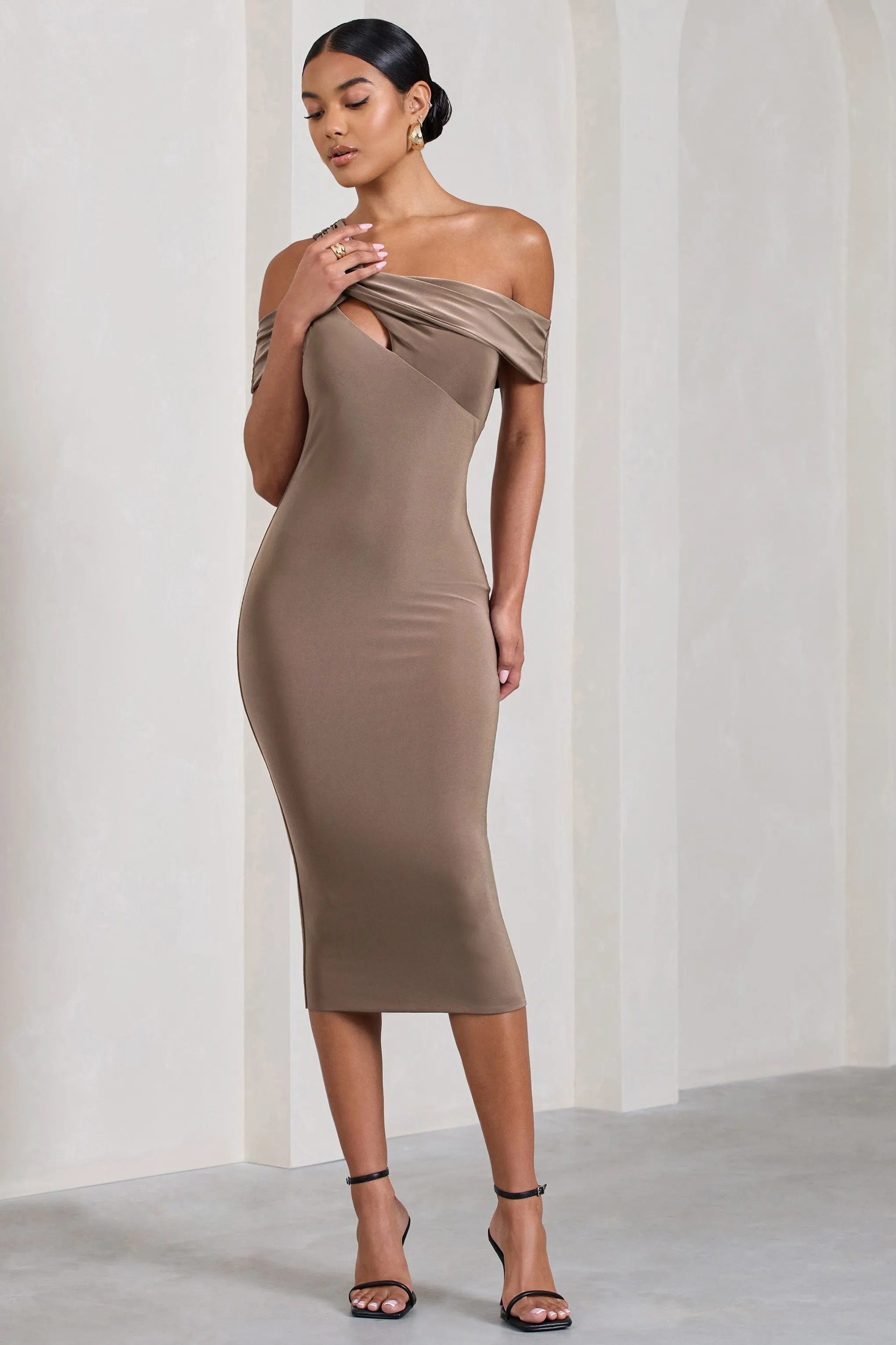 Chain Reaction | Mocha Strappy Asymmetric Bodycon Midi Dress sold by Club L London