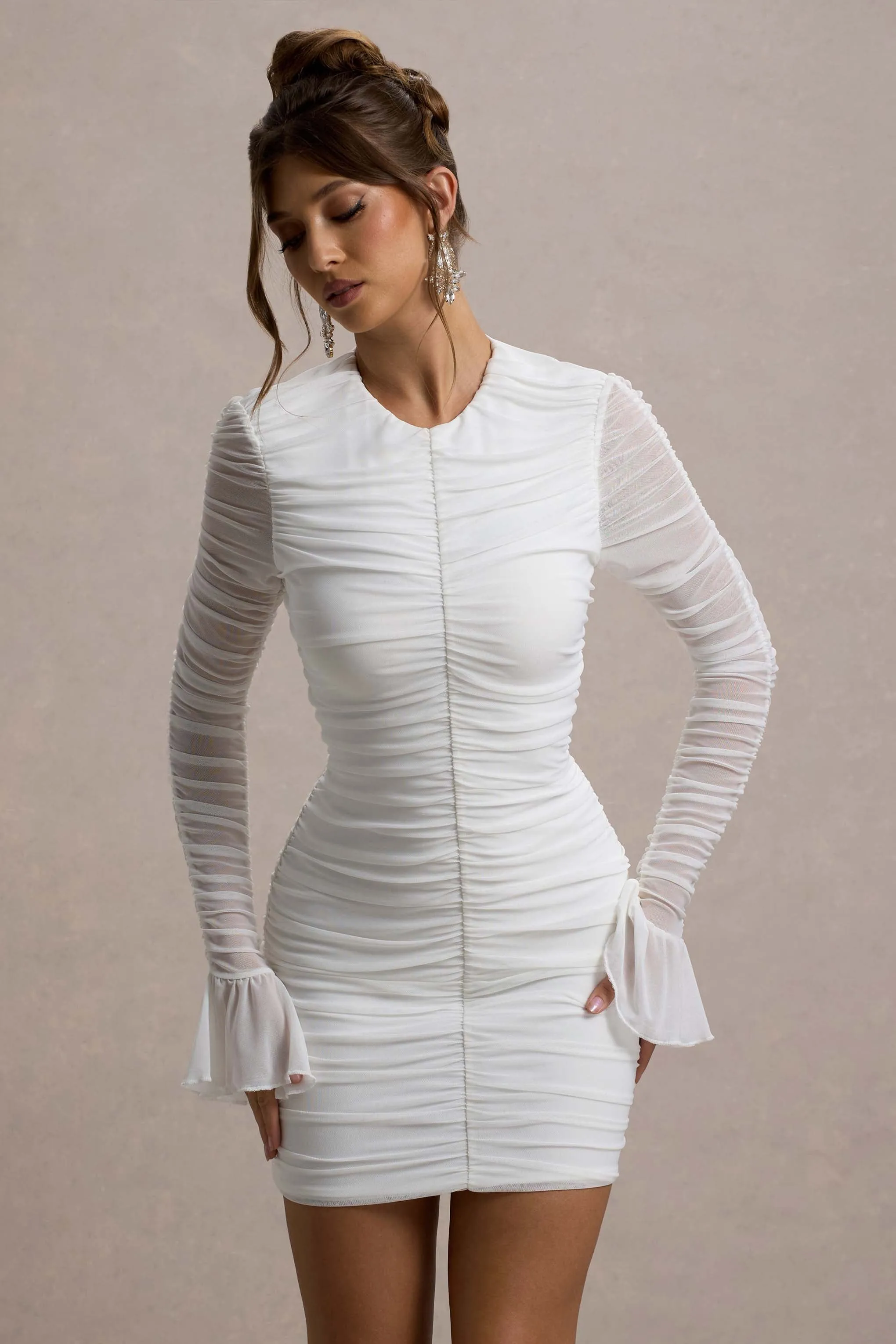 Romilly | White Ruched Long-Sleeve Bodycon Mini Dress sold by Club L London product image thumbnail 3
