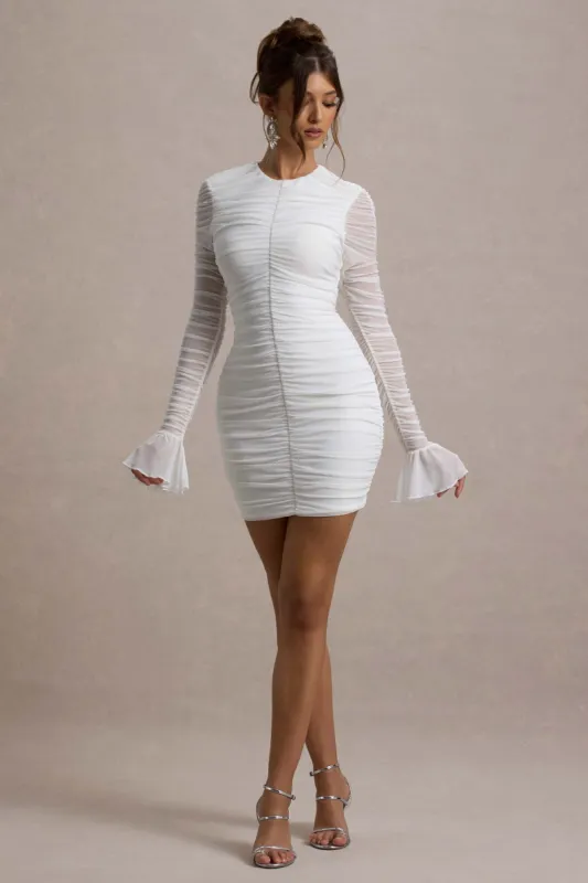 Romilly | White Ruched Long-Sleeve Bodycon Mini Dress sold by Club L London