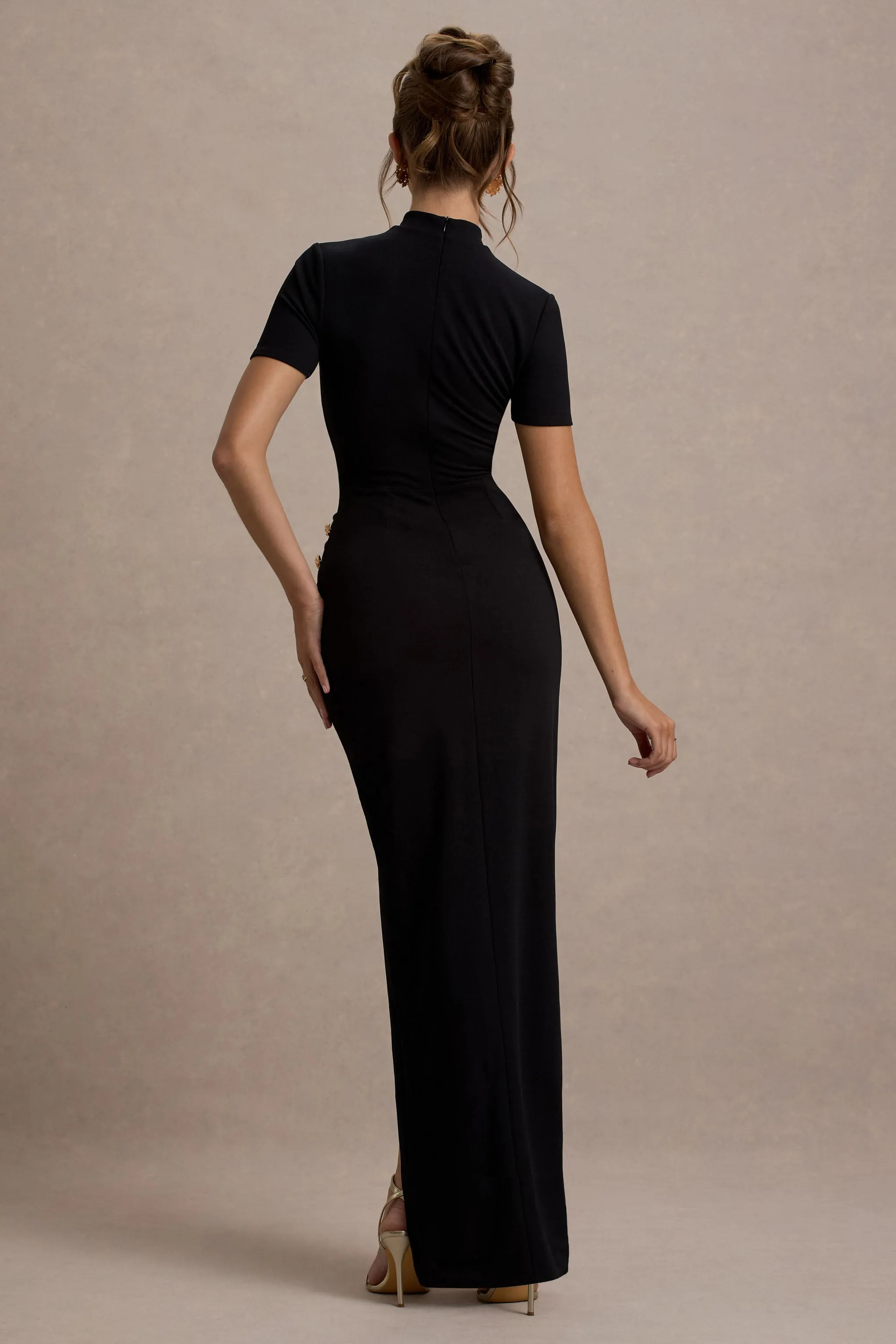 Claudetta | Black High-Neck Short-Sleeve Split Maxi Dress sold by Club L London product image thumbnail 2