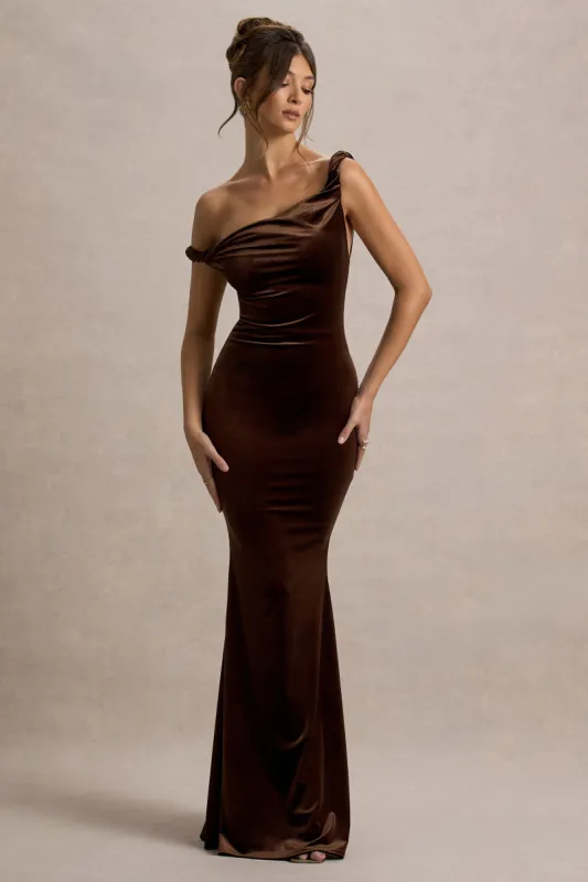 Neeka | Brown Velvet Twisted Asymmetric Maxi Dress sold by Club L London