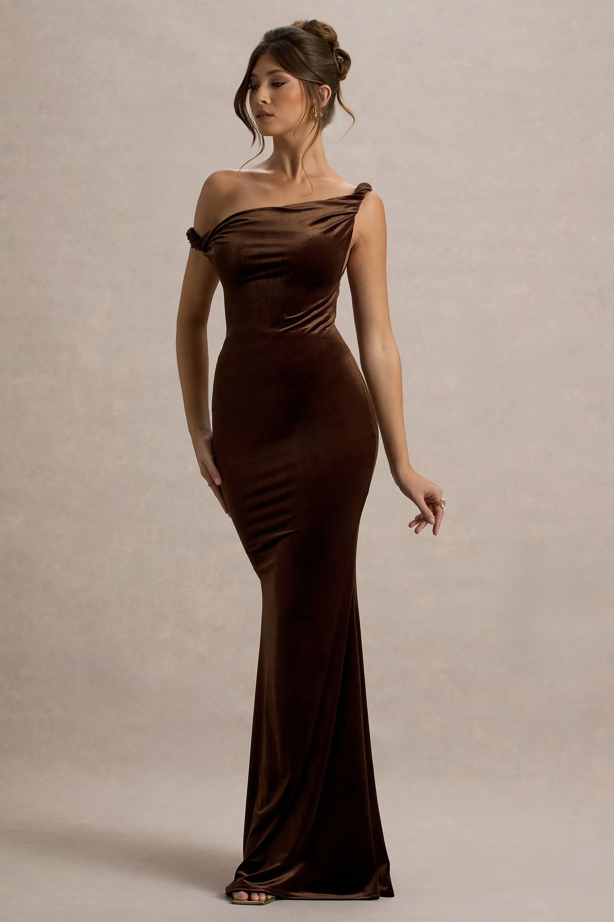 Neeka | Brown Velvet Twisted Asymmetric Maxi Dress sold by Club L London product image thumbnail 5