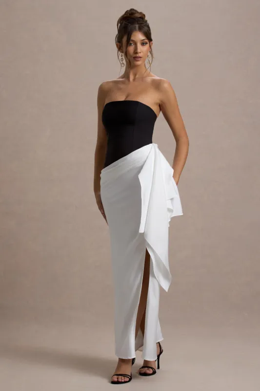 Kalinda | Black And White Strapless Maxi Dress With Draped Skirt sold by Club L London