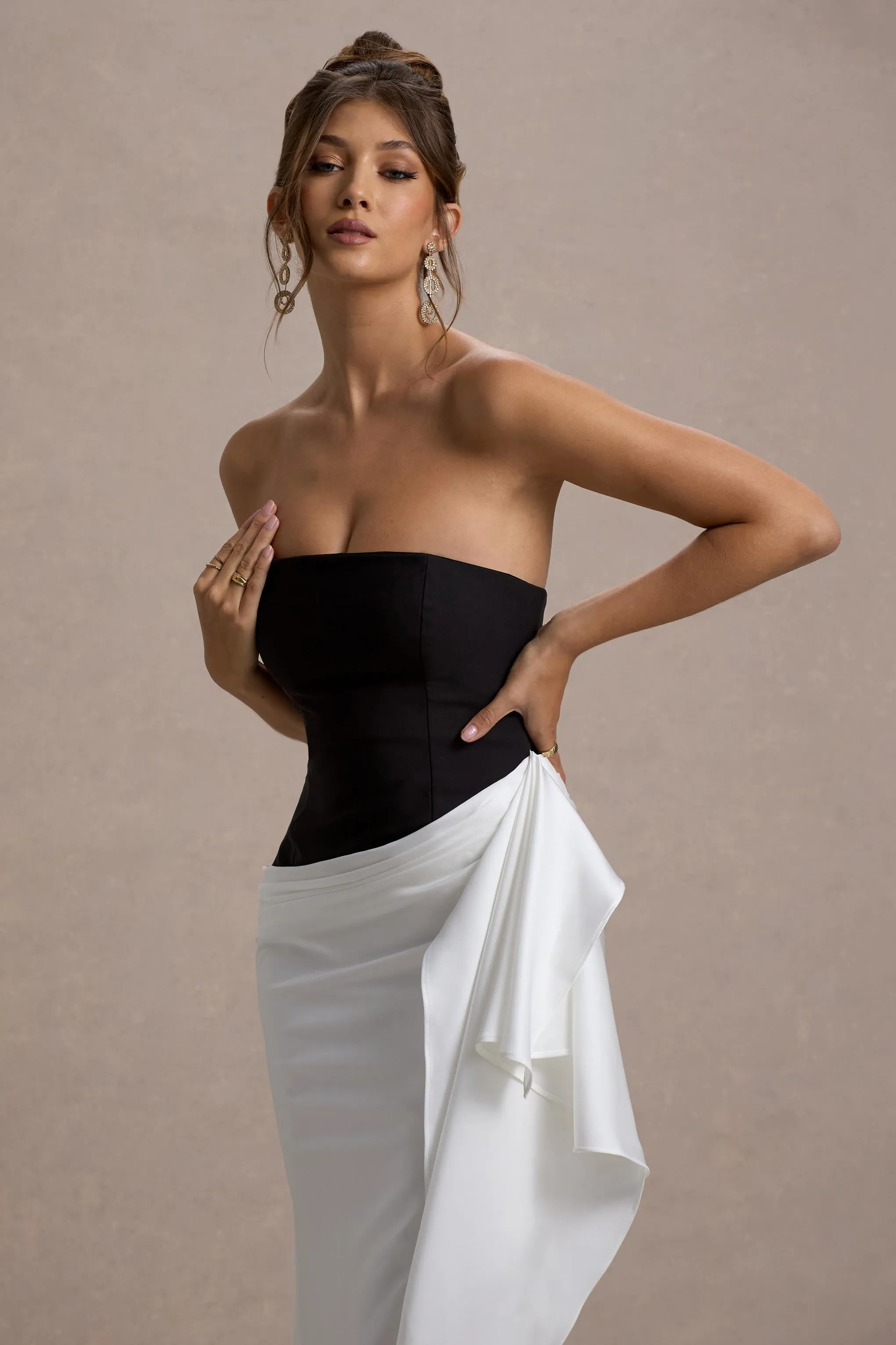 Kalinda | Black And White Strapless Maxi Dress With Draped Skirt sold by Club L London product image thumbnail 3