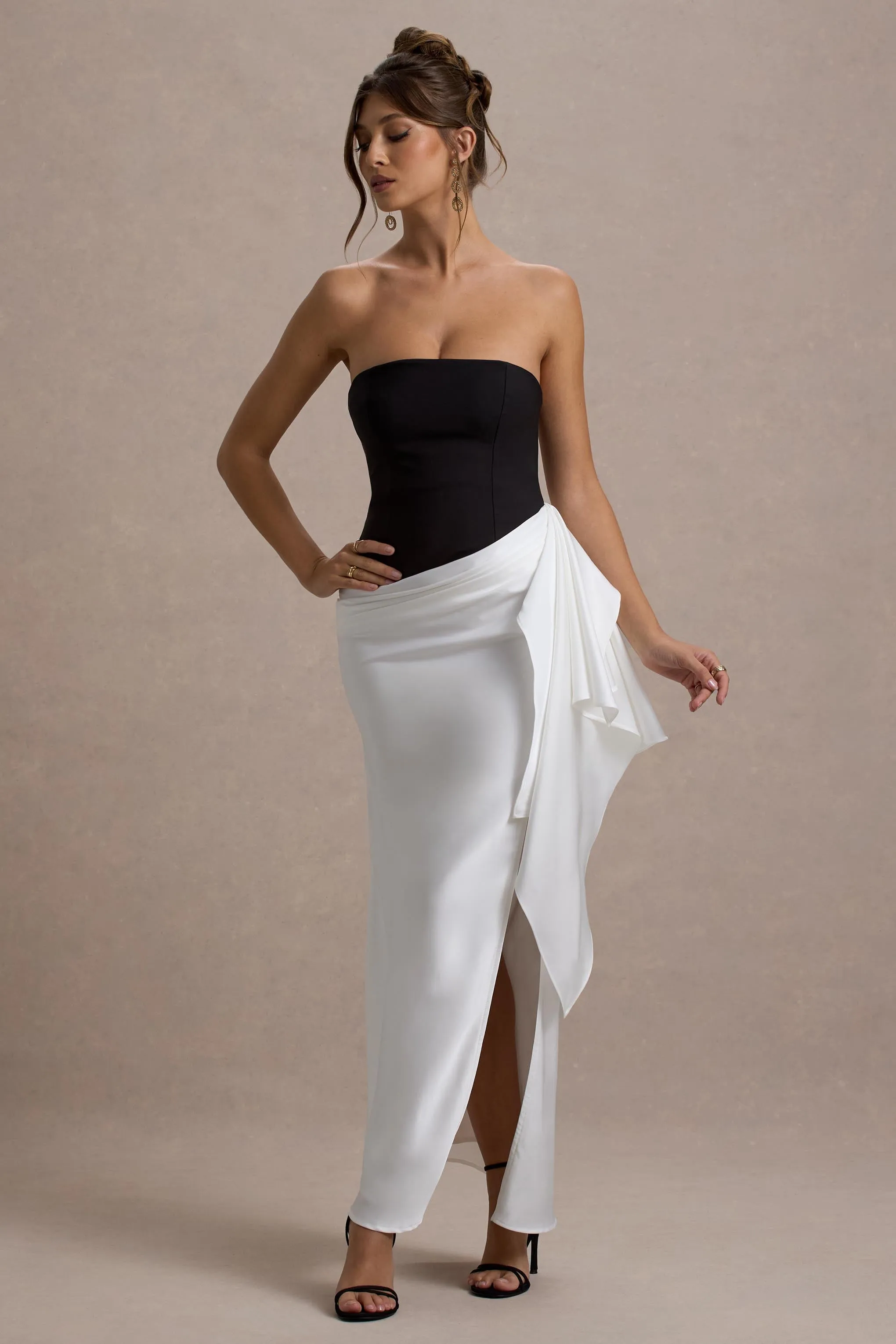 Kalinda | Black And White Strapless Maxi Dress With Draped Skirt sold by Club L London product image thumbnail 4