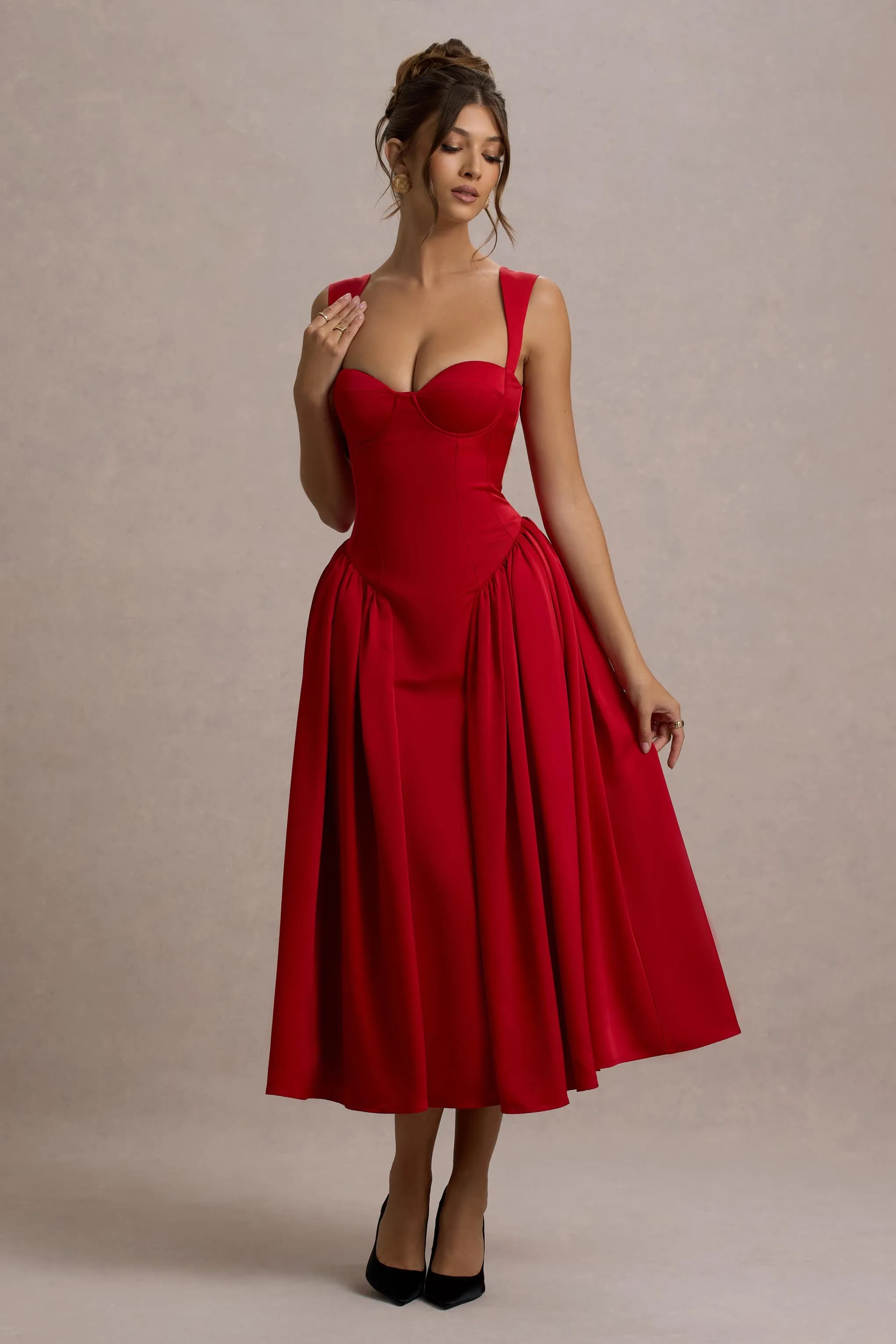Covia | Red Satin Sweetheart Midi Dress sold by Club L London