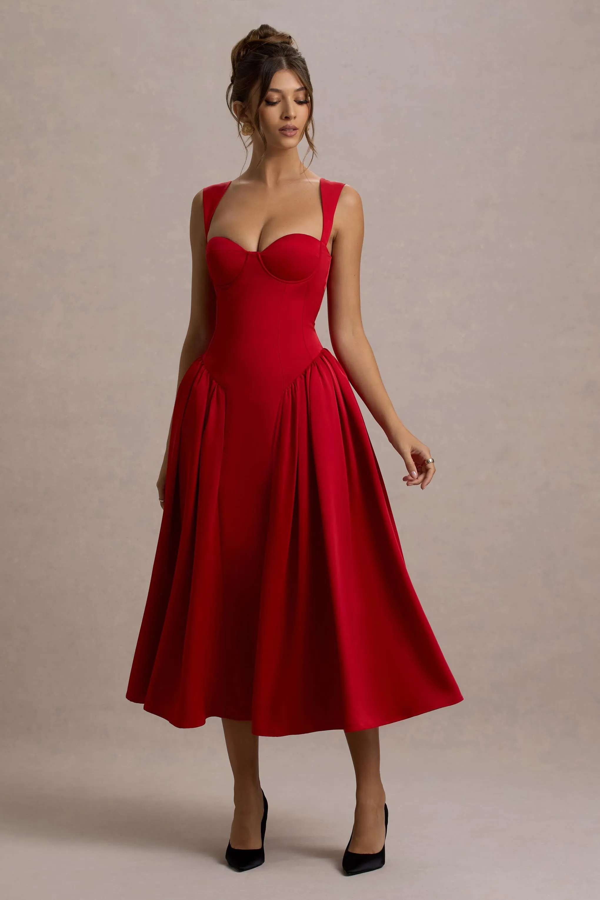 Covia | Red Satin Sweetheart Midi Dress sold by Club L London product image thumbnail 5