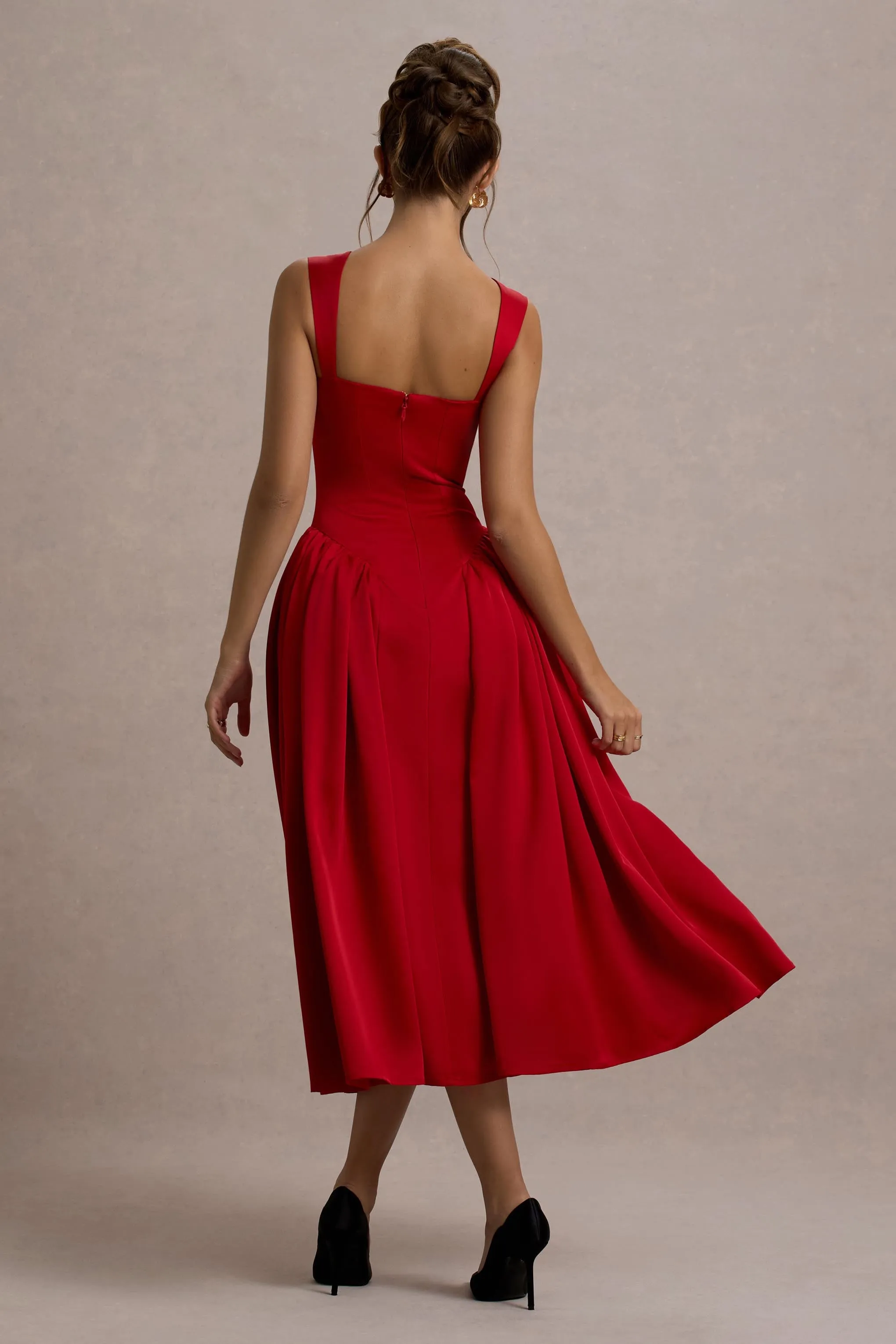 Covia | Red Satin Sweetheart Midi Dress sold by Club L London product image thumbnail 2