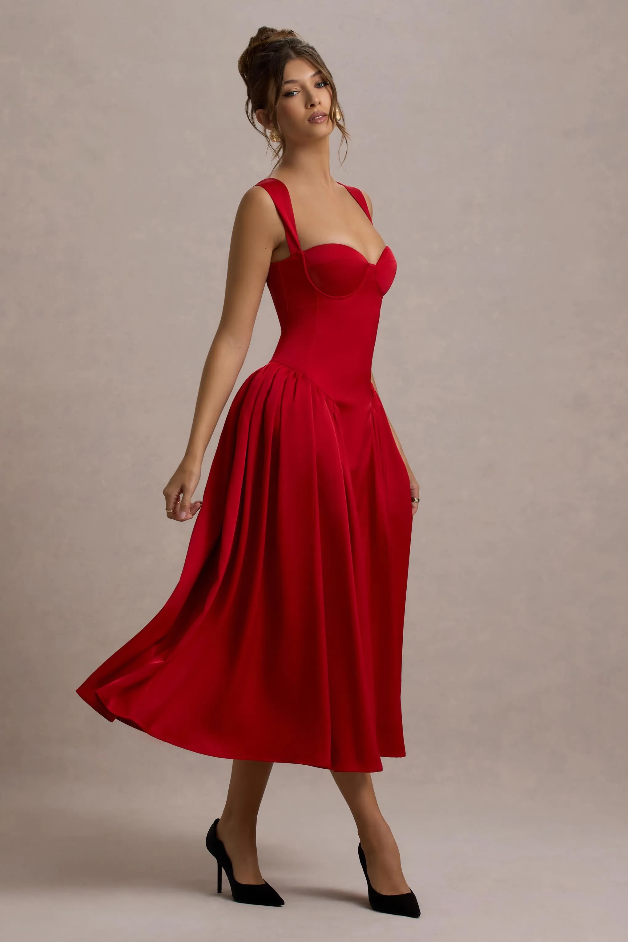 Covia | Red Satin Sweetheart Midi Dress sold by Club L London product image thumbnail 4