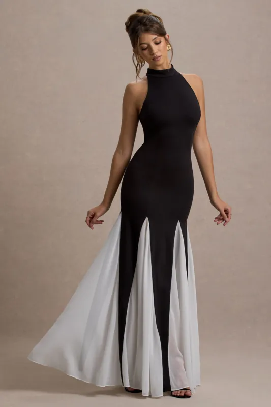 Litzy | Black High-Neck Maxi Dress With White Chiffon Trim sold by Club L London