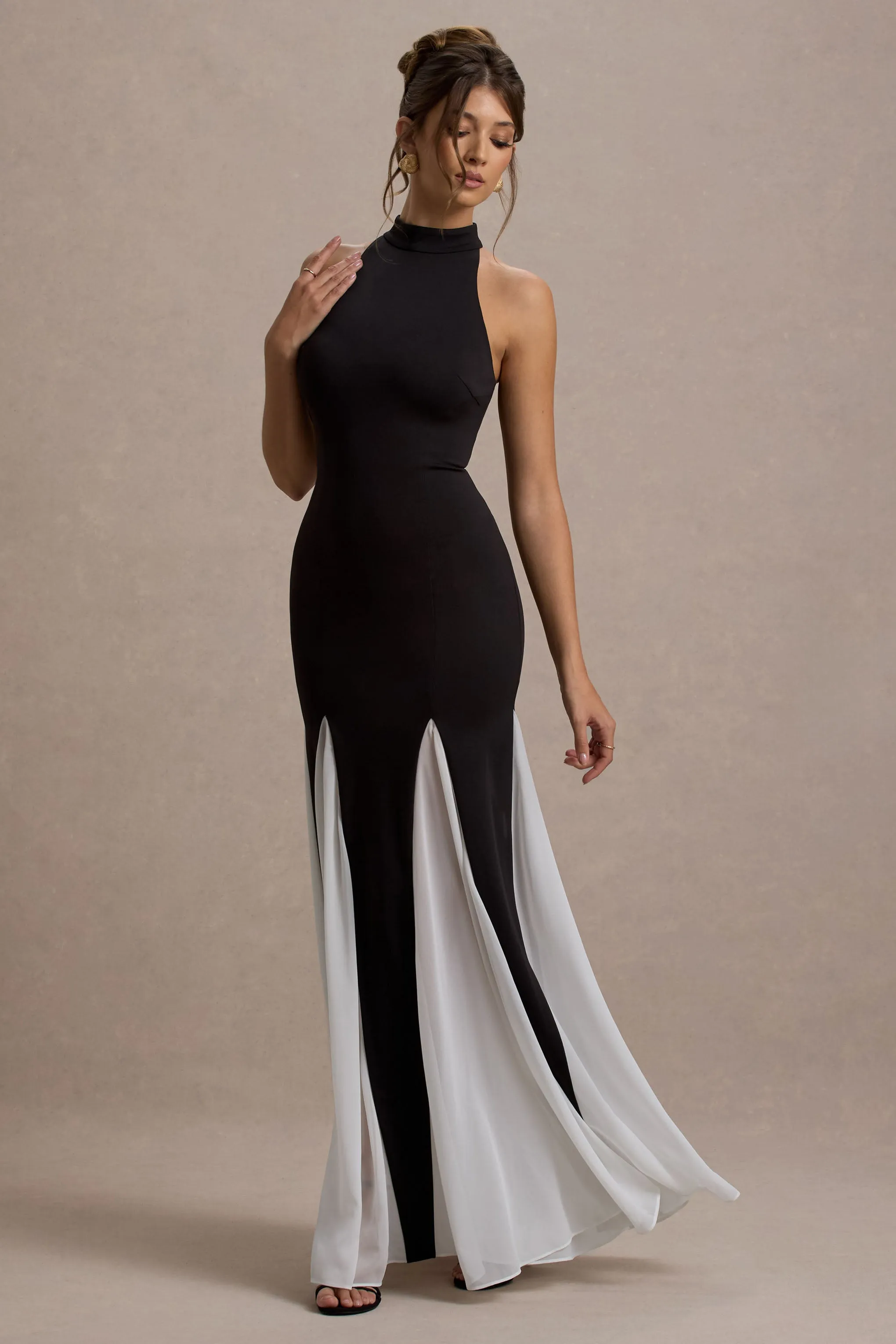 Litzy | Black High-Neck Maxi Dress With White Chiffon Trim sold by Club L London product image thumbnail 4