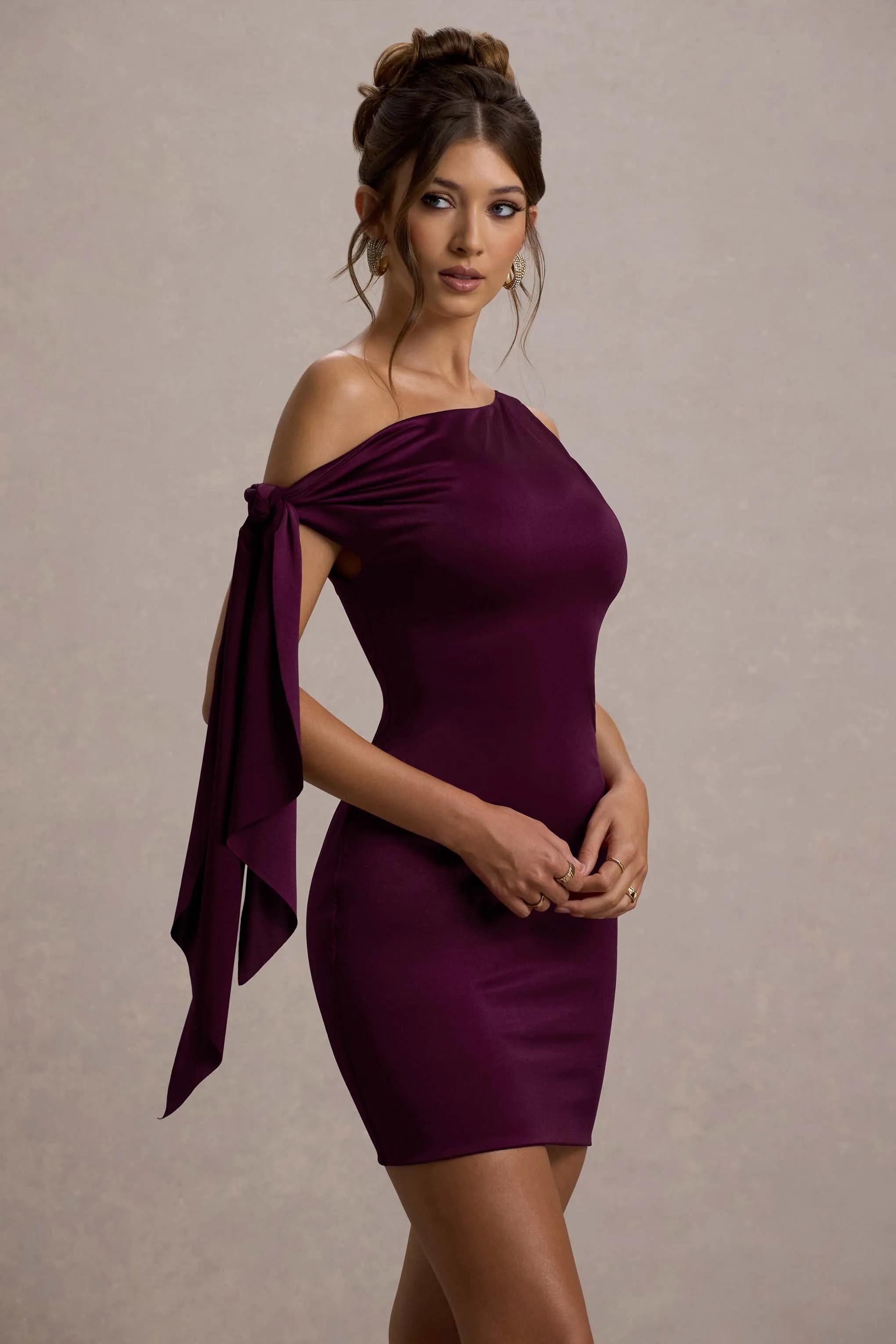 Ilythia | Plum Asymmetric Mini Dress With Tie Sleeve sold by Club L London product image thumbnail 3