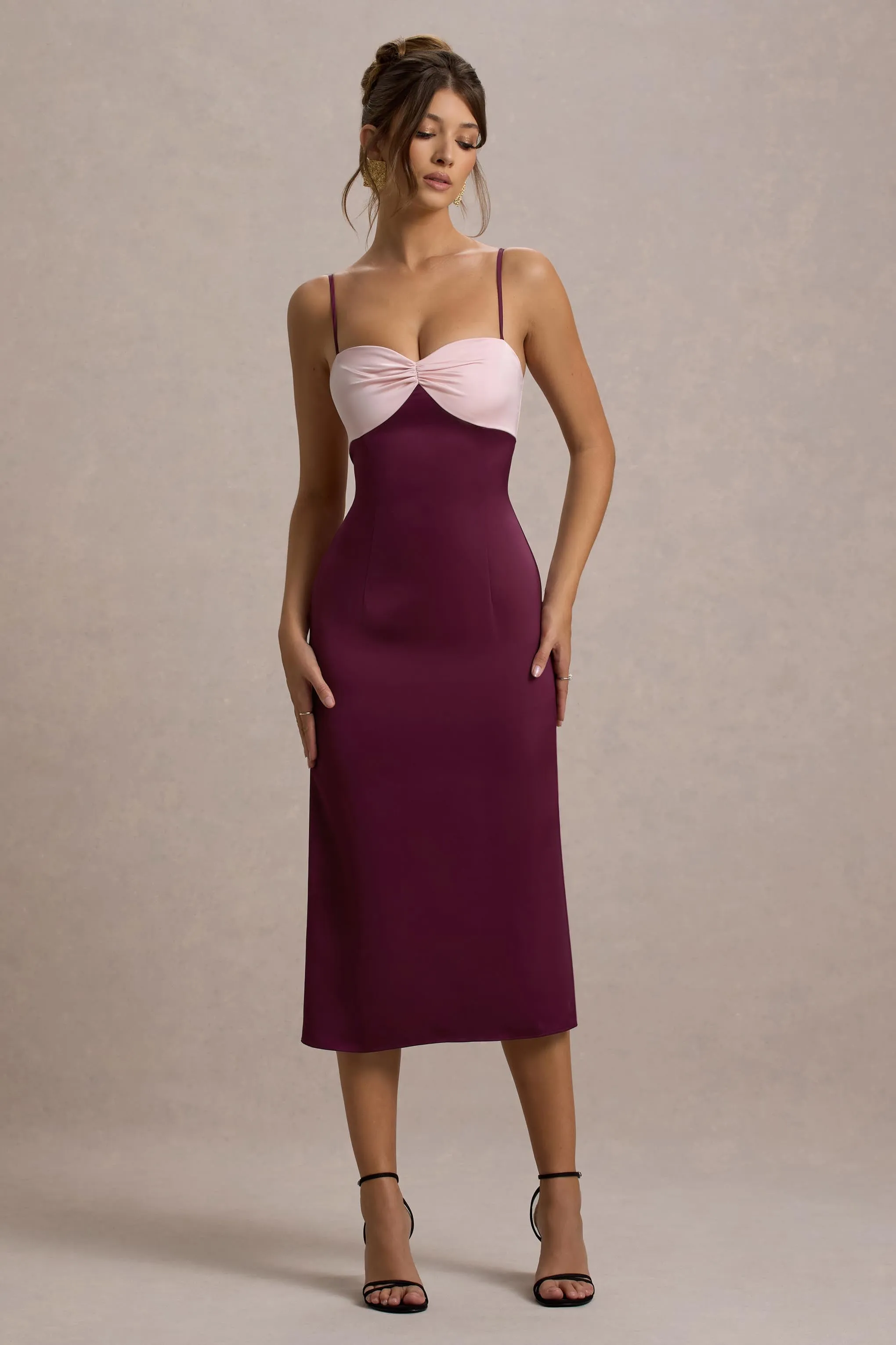 Andretti | Burgundy & Pink Satin Strappy Midi Dress sold by Club L London