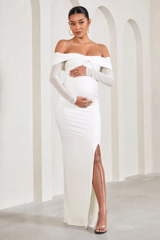 Elsie | White Bardot Long-Sleeved Maternity Maxi Dress sold by Club L London