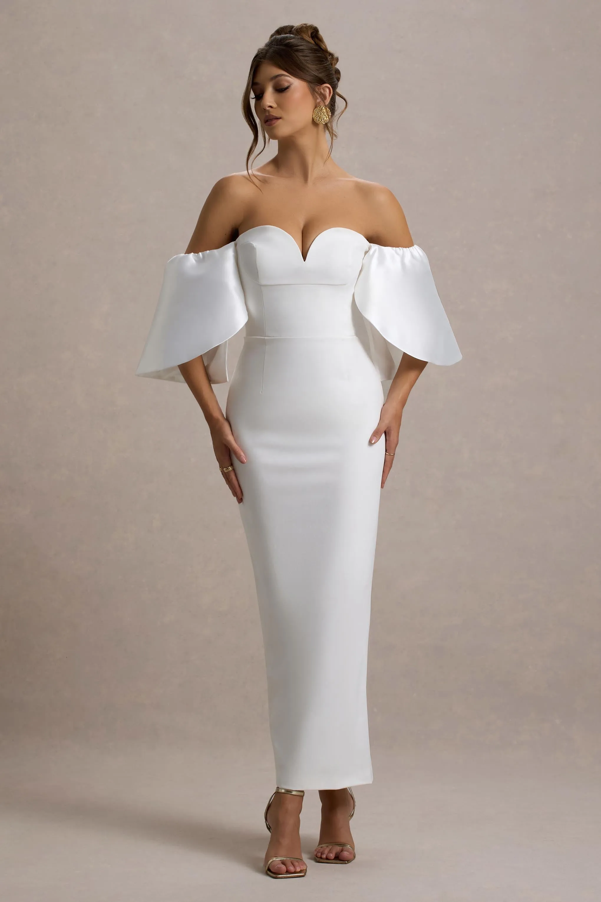 Dalani | White Corset Maxi Dress With Satin Puff Sleeves sold by Club L London