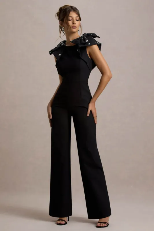 Elma | Black Straight-Leg Jumpsuit With Embellished Bows sold by Club L London