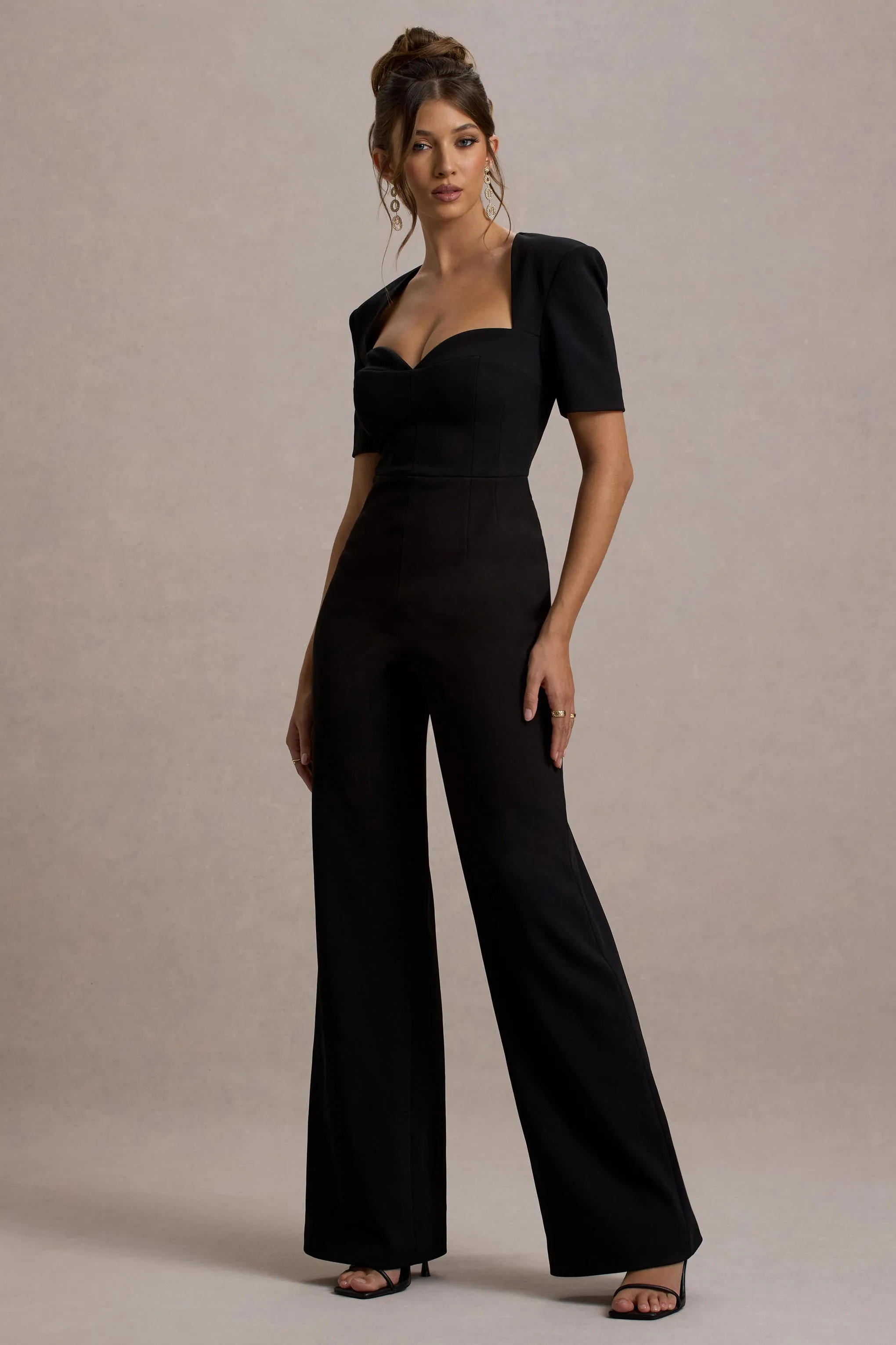 Simone | Black Sweetheart Short-Sleeve Wide-Leg Jumpsuit sold by Club L London product image thumbnail 5