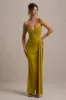 Edel | Mustard Satin Strapless Maxi Dress With Drape sold by Club L London