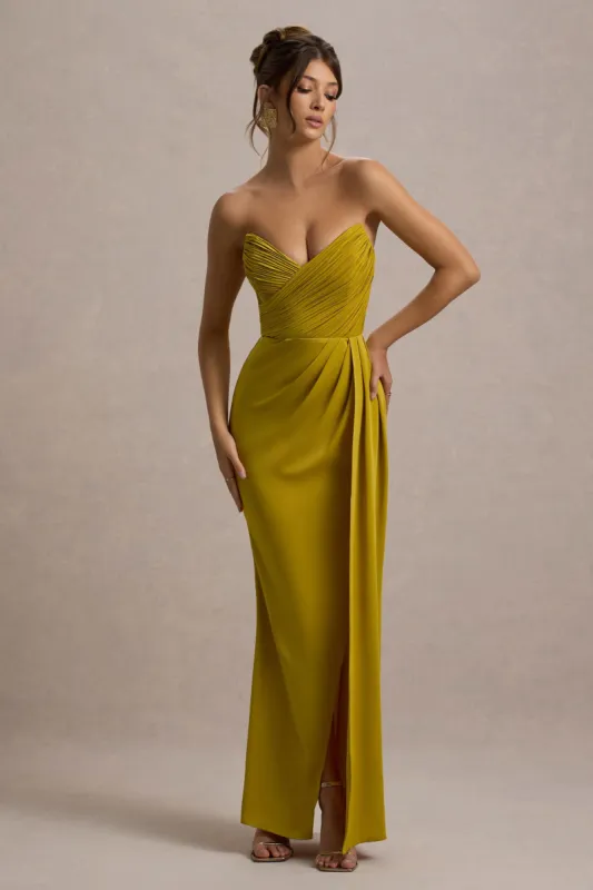 Edel | Mustard Satin Strapless Maxi Dress With Drape sold by Club L London