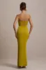 Edel | Mustard Satin Strapless Maxi Dress With Drape sold by Club L London