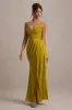 Edel | Mustard Satin Strapless Maxi Dress With Drape sold by Club L London