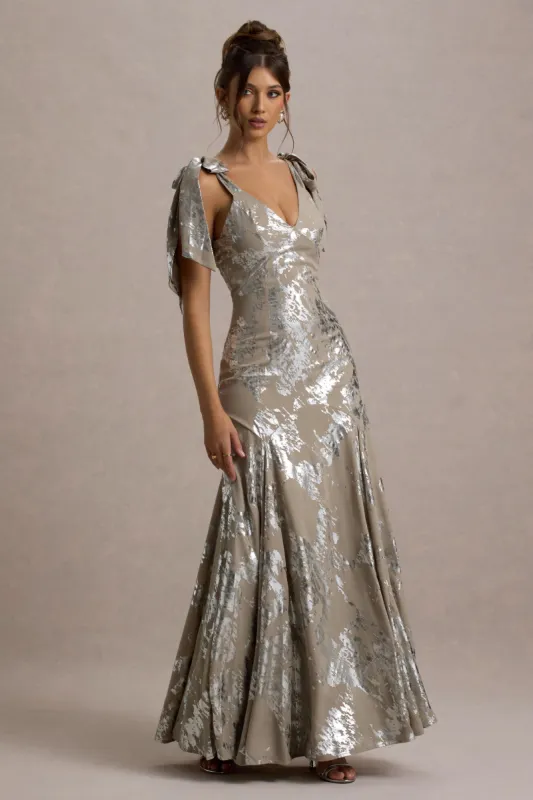 Lula | Champagne Metallic Plunge-Neck Maxi Dress With Bow Straps sold by Club L London