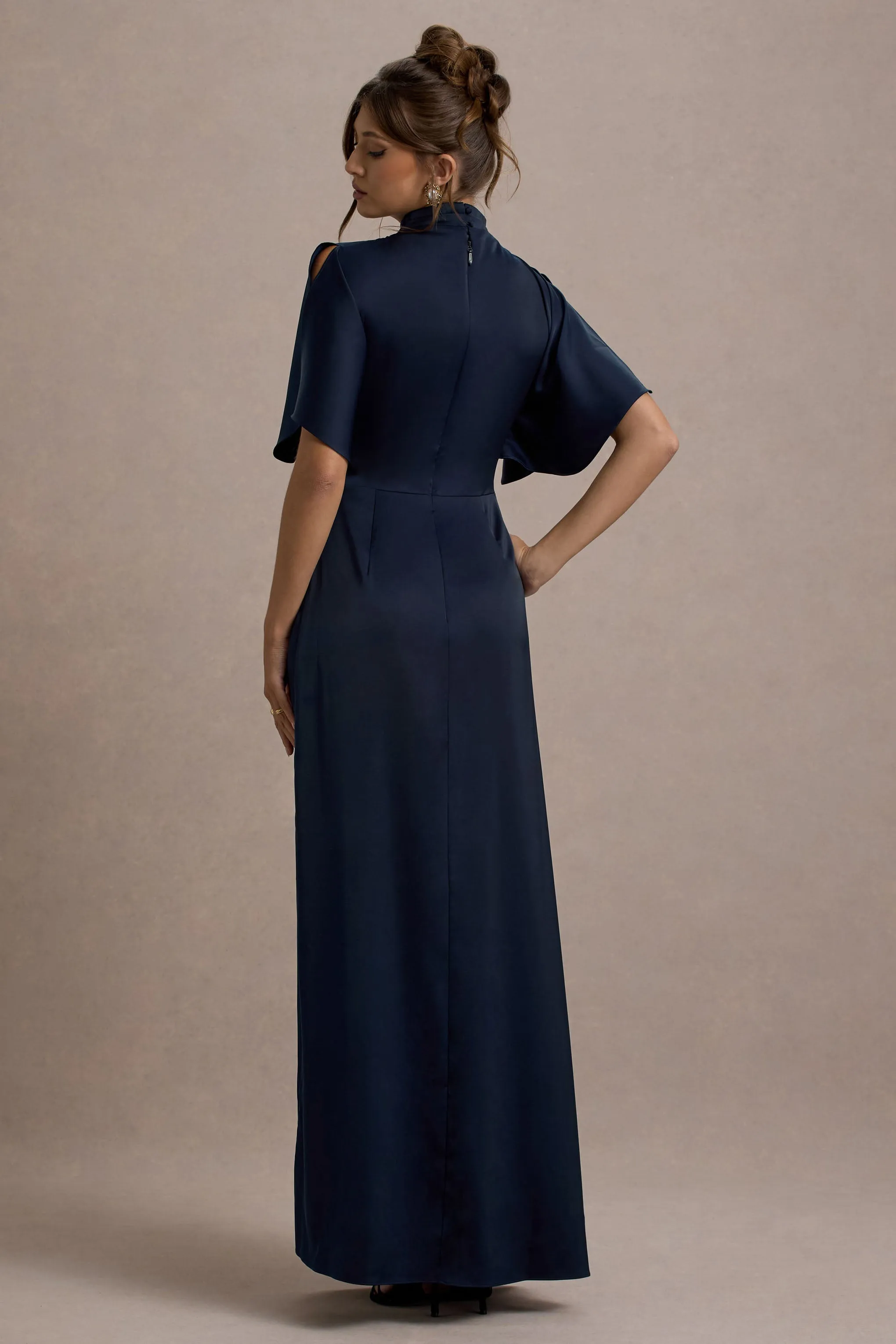 Audley | Navy Satin High-Neck Flutter-Sleeve Maxi Dress sold by Club L London product image thumbnail 2