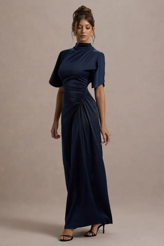 Audley | Navy Satin High-Neck Flutter-Sleeve Maxi Dress sold by Club L London