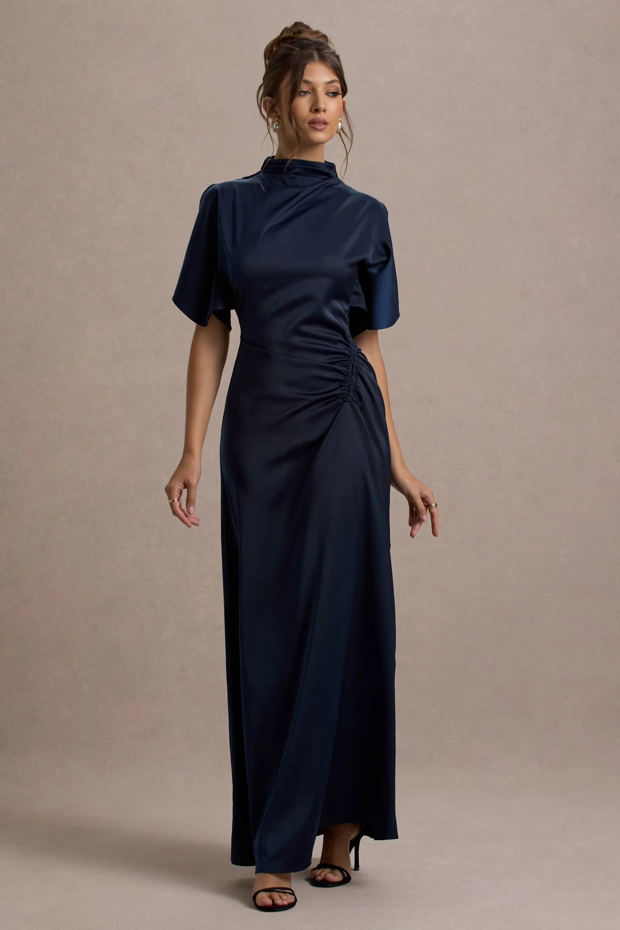 Audley | Navy Satin High-Neck Flutter-Sleeve Maxi Dress sold by Club L London product image thumbnail 4