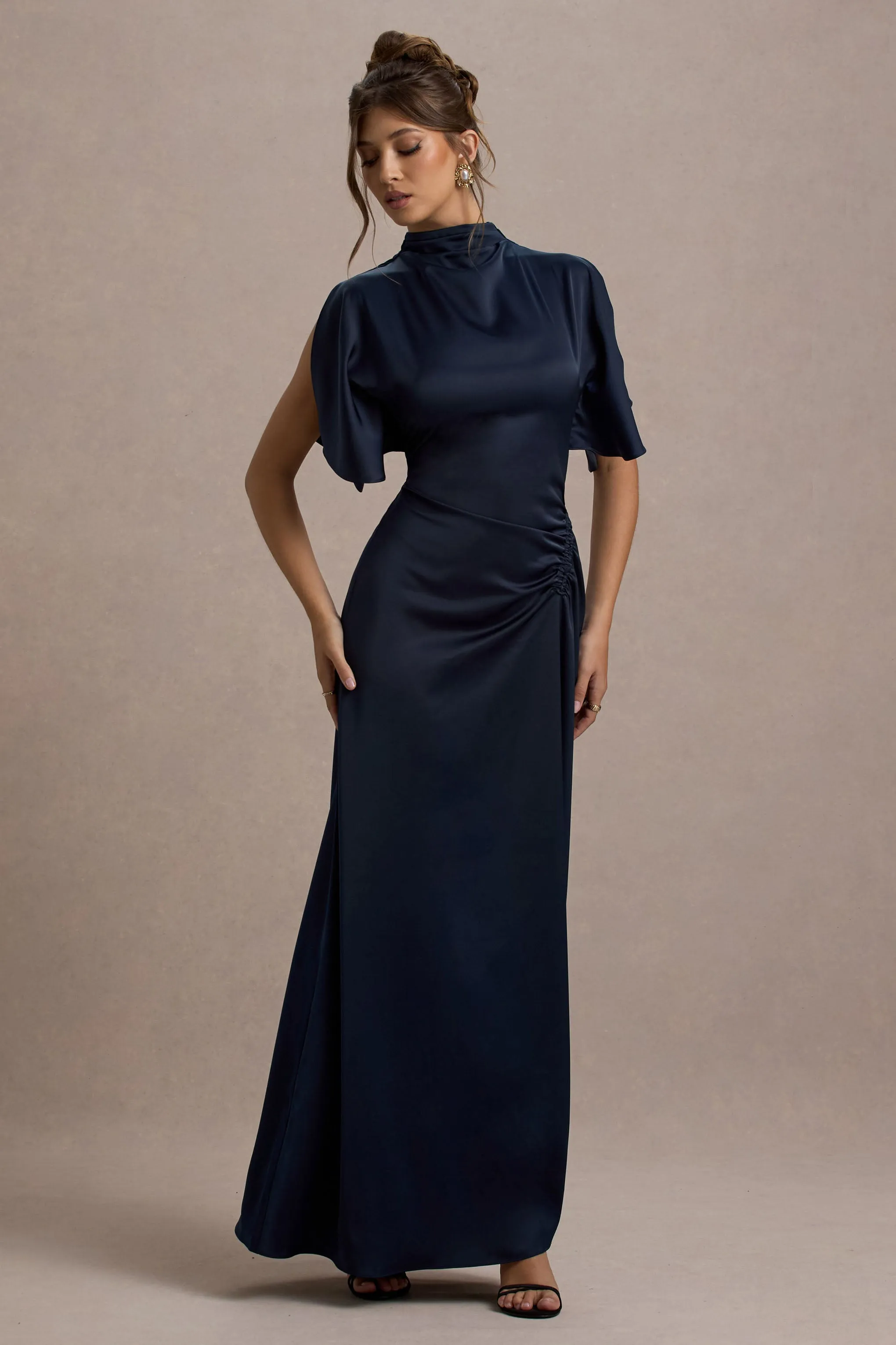 Audley | Navy Satin High-Neck Flutter-Sleeve Maxi Dress sold by Club L London product image thumbnail 5