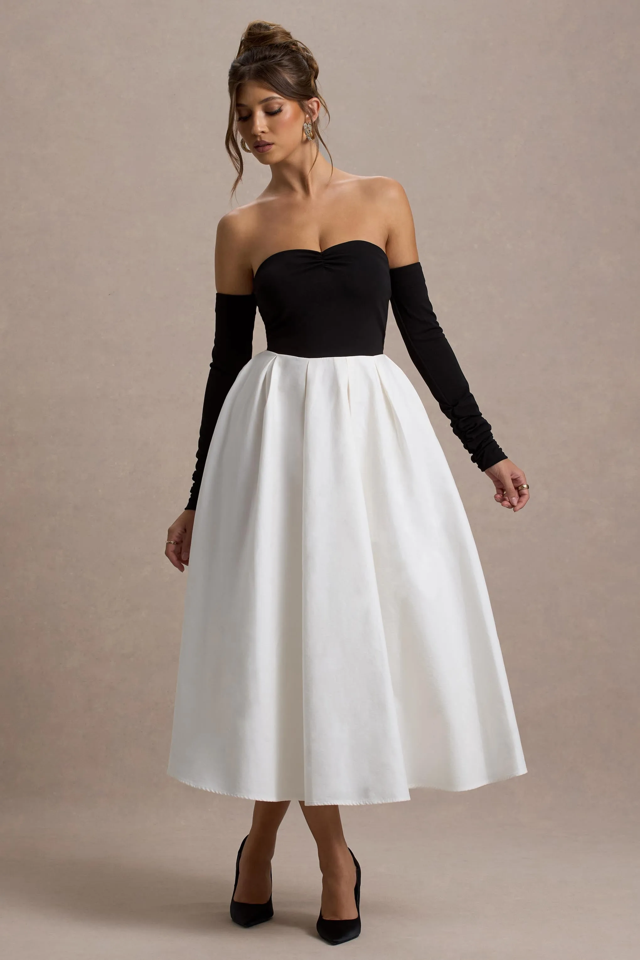 Solada | Black & Cream Bardot Pleated Maxi Dress sold by Club L London