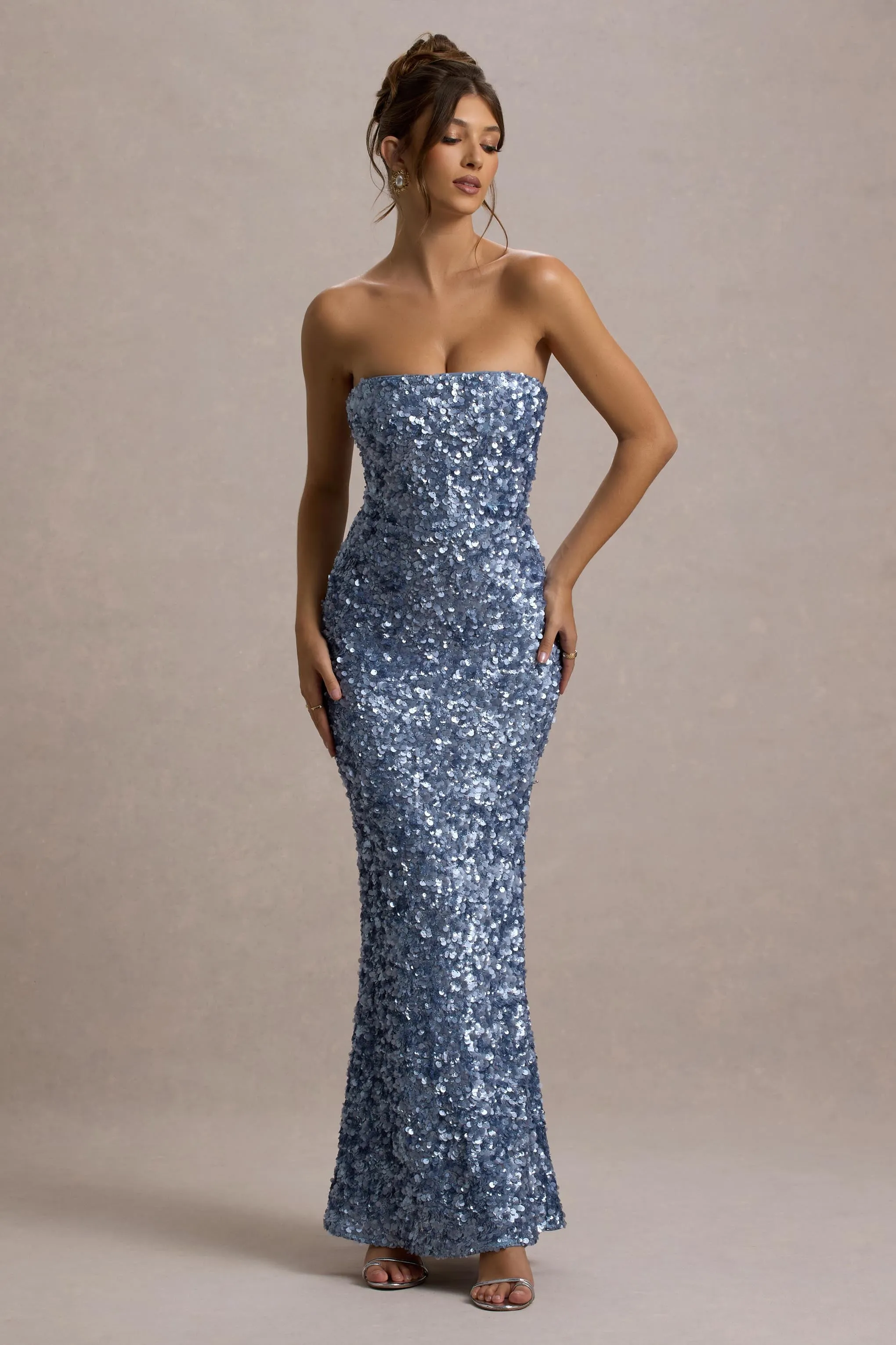Evabeth | Powder Blue Sequin Strapless Maxi Dress sold by Club L London