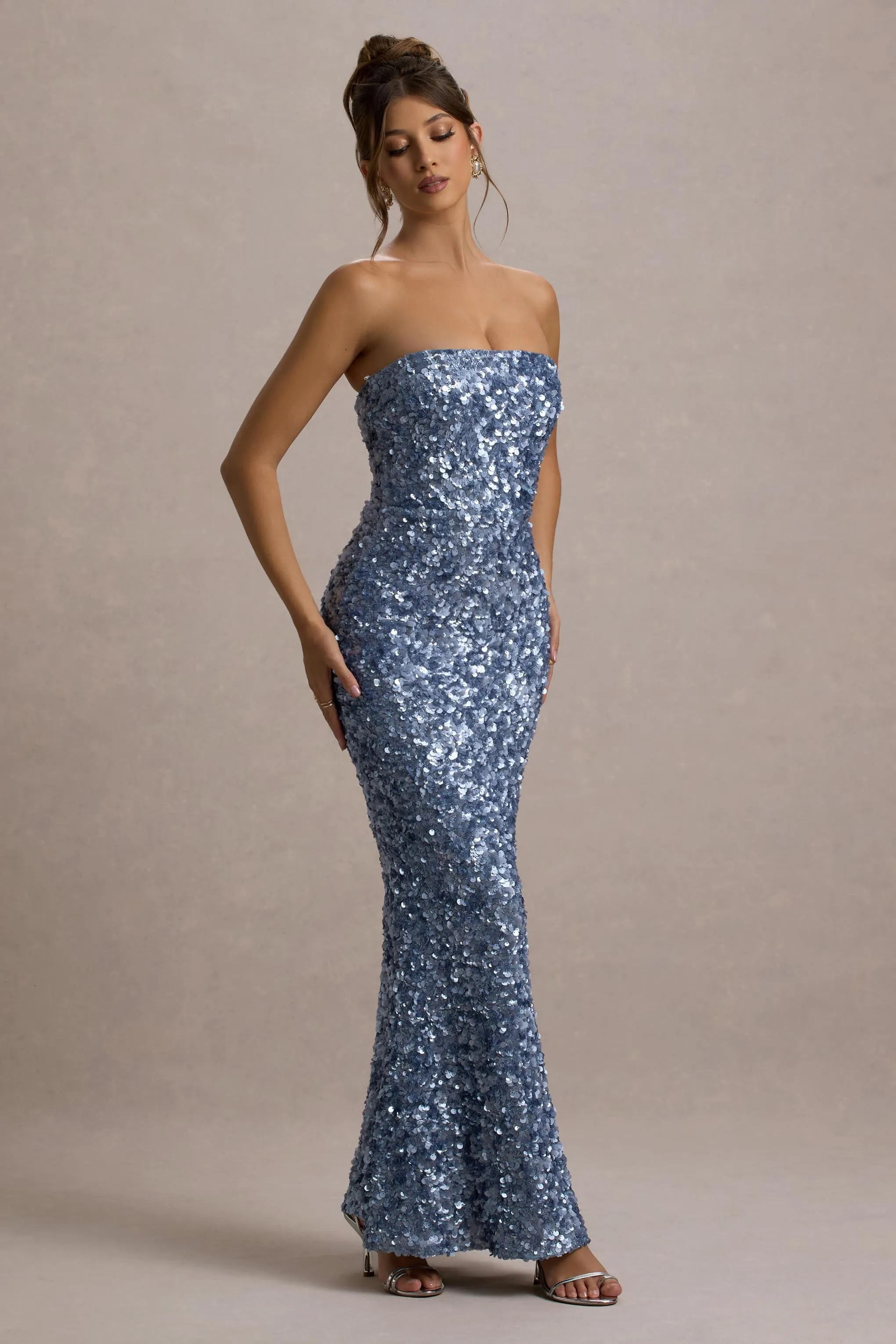 Evabeth | Powder Blue Sequin Strapless Maxi Dress sold by Club L London product image thumbnail 4