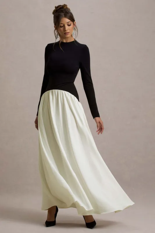 Benedetta | Black & Cream Long-Sleeve Drop-Waist Maxi Dress sold by Club L London