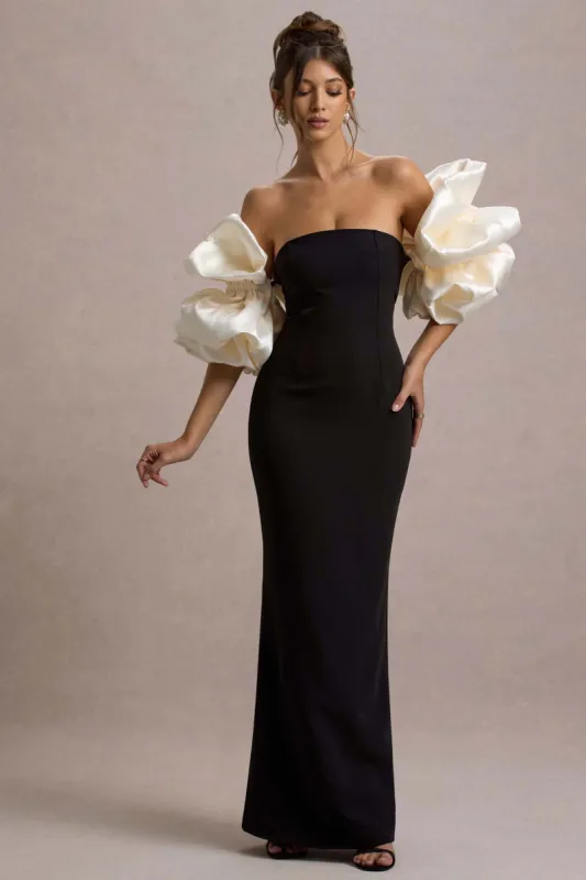 Evermore | Black & Cream Puff-Sleeve Maxi Dress sold by Club L London