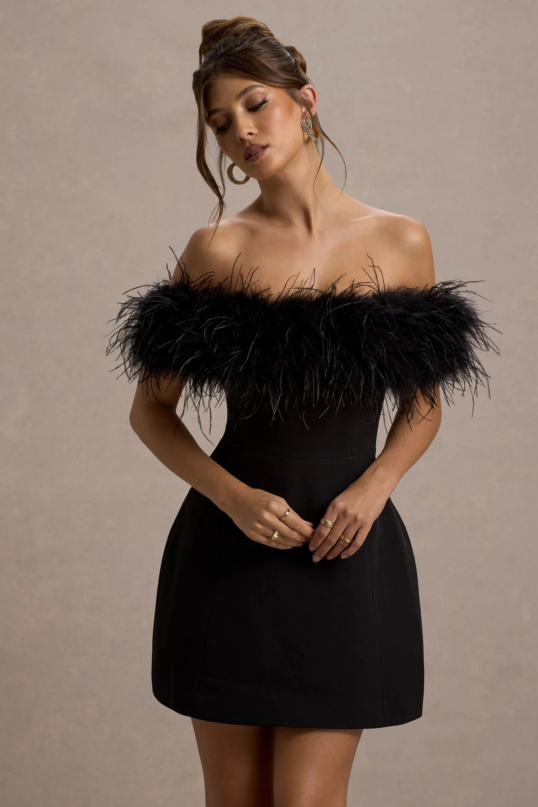 Palace | Black Bardot Mini Dress With Feather Trim sold by Club L London product image thumbnail 3