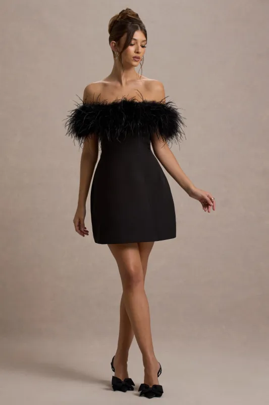 Palace | Black Bardot Mini Dress With Feather Trim sold by Club L London