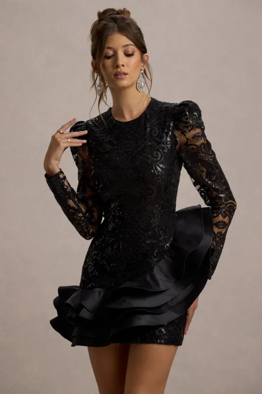 Myka | Black Sequin Long-Sleeve Ruffle Hem Mini Dress made by Club L London
