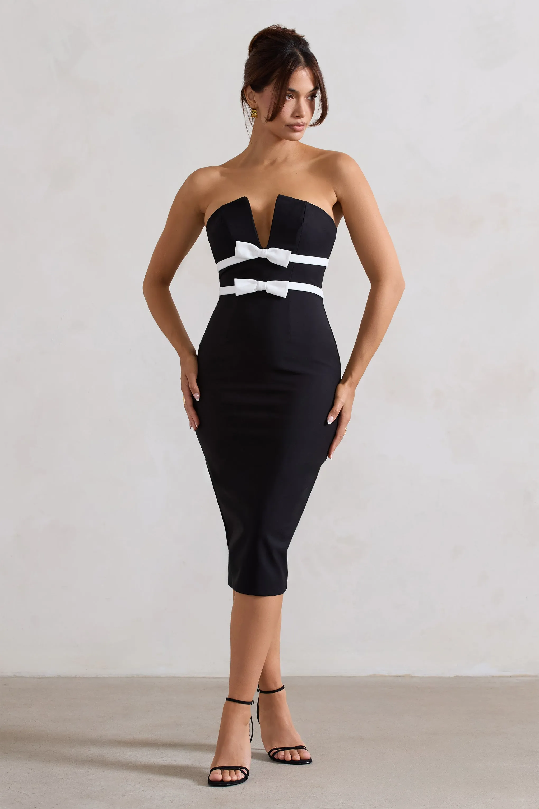 Love Lock | Black Strapless Midi Dress With Bows sold by Club L London