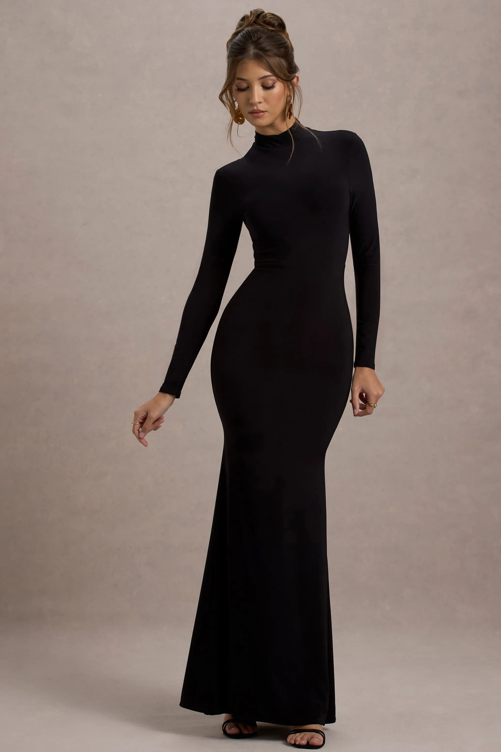 Tova | Black High-Neck Long-Sleeve Maxi Dress sold by Club L London