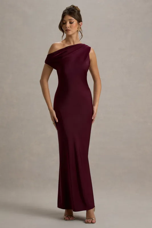 Isolde | Burgundy Satin One-Shoulder Maxi Dress sold by Club L London