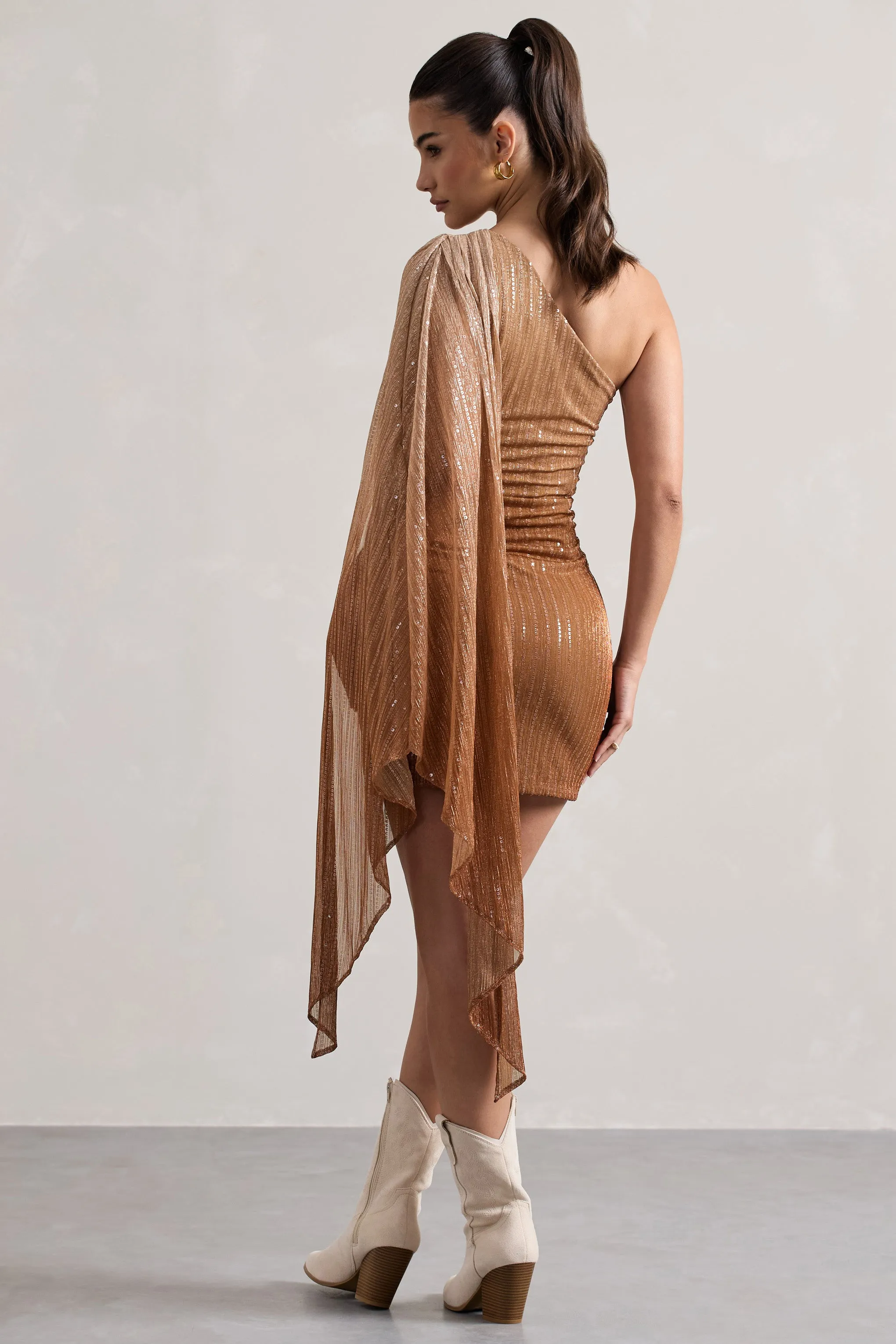 Sunlit | Gold Ombre Metallic Asymmetric Mini Dress With Cape Sleeve sold by Club L London product image thumbnail 2