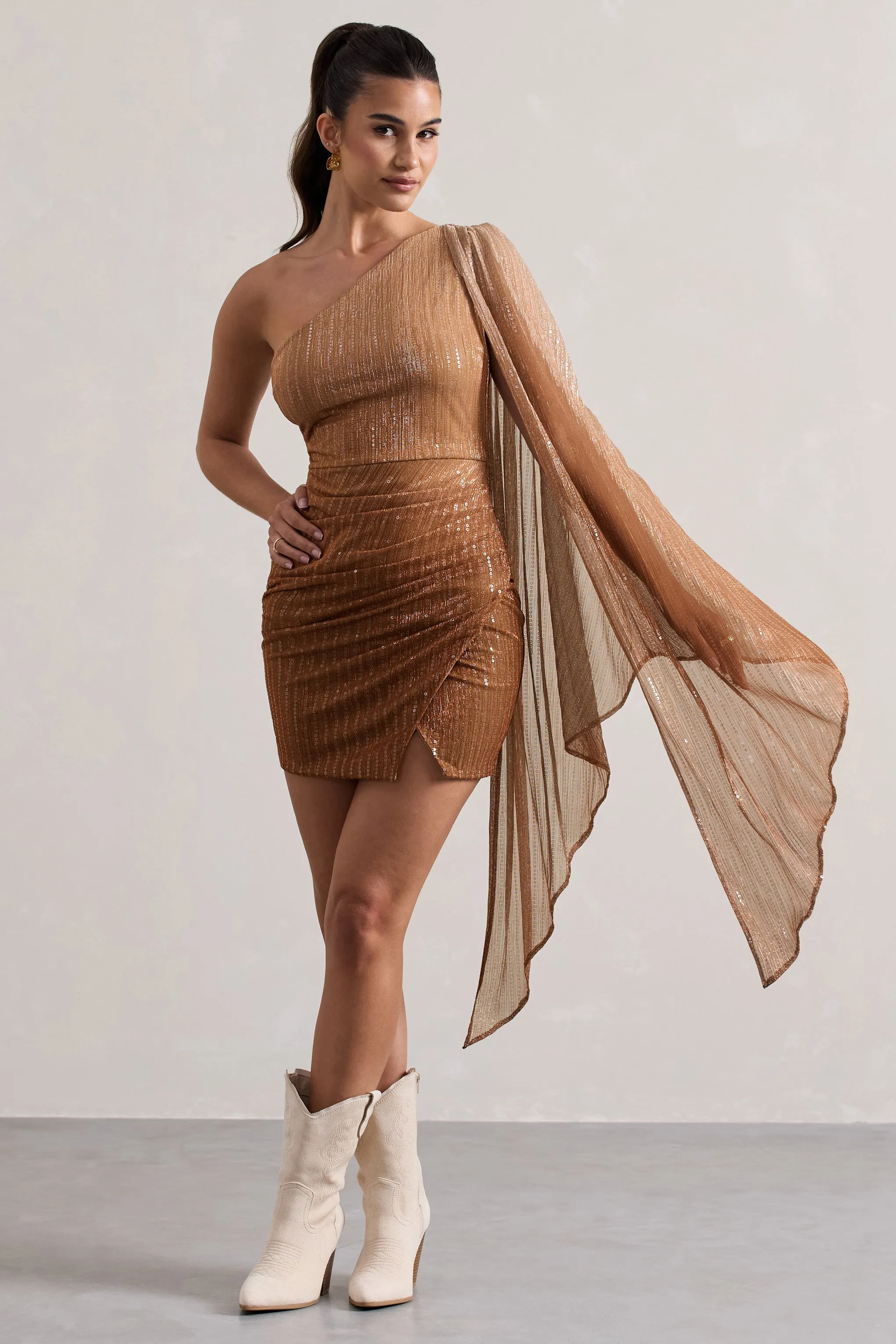 Sunlit | Gold Ombre Metallic Asymmetric Mini Dress With Cape Sleeve sold by Club L London product image thumbnail 4