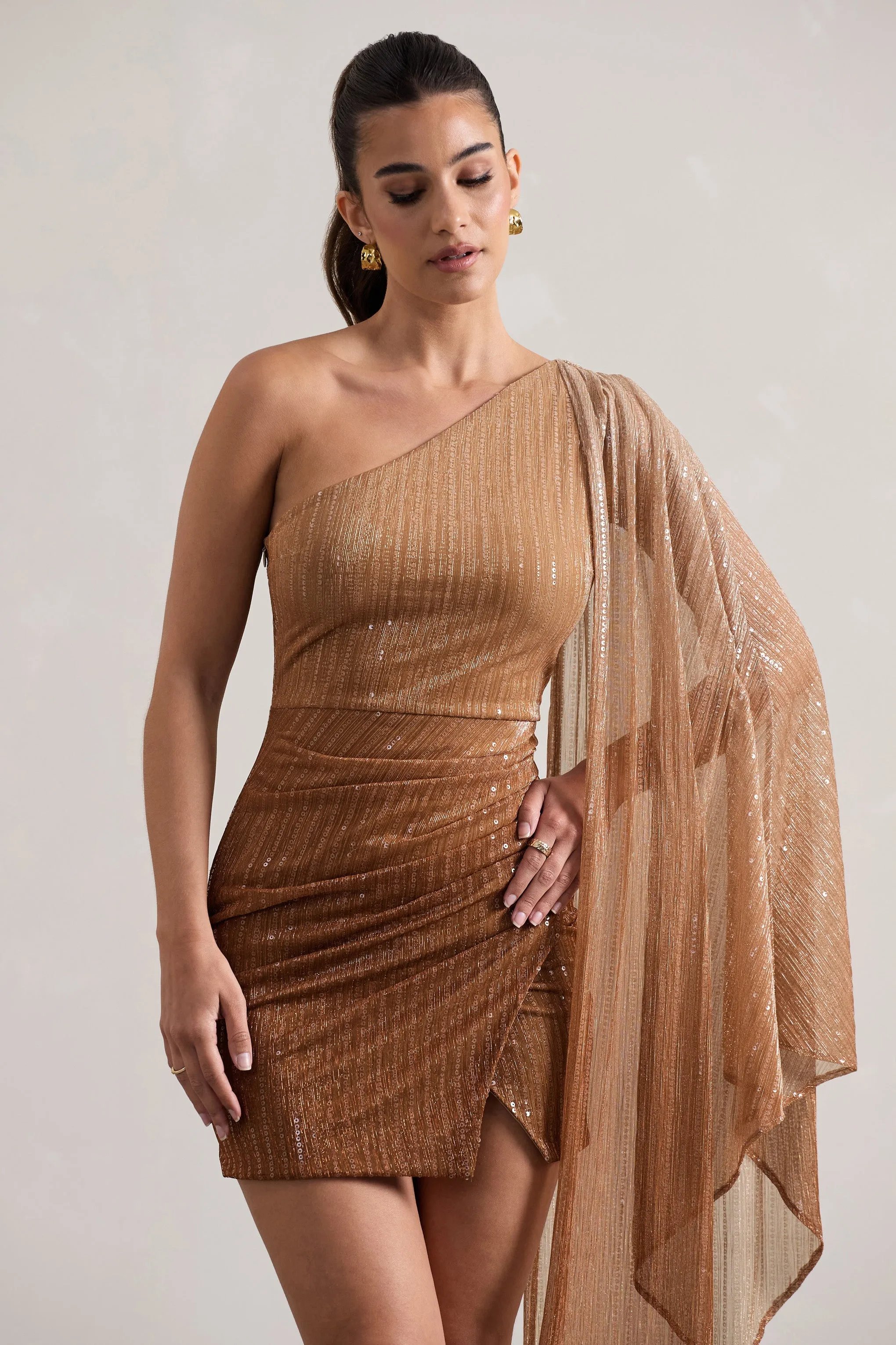 Sunlit | Gold Ombre Metallic Asymmetric Mini Dress With Cape Sleeve sold by Club L London product image thumbnail 3
